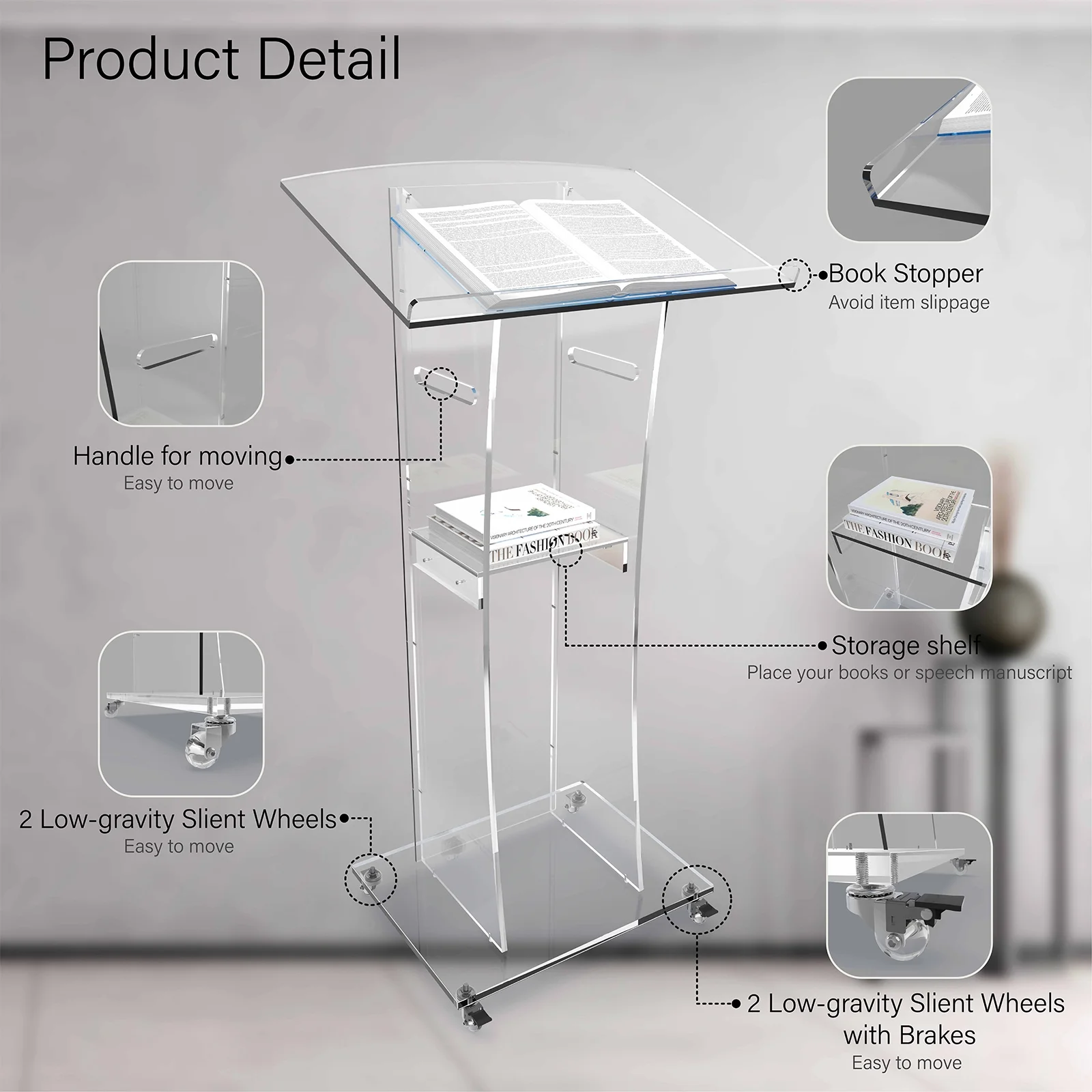 Ageszoe Modern Acrylic Clear Rolling Podium Stand with Storage Shelf, 47