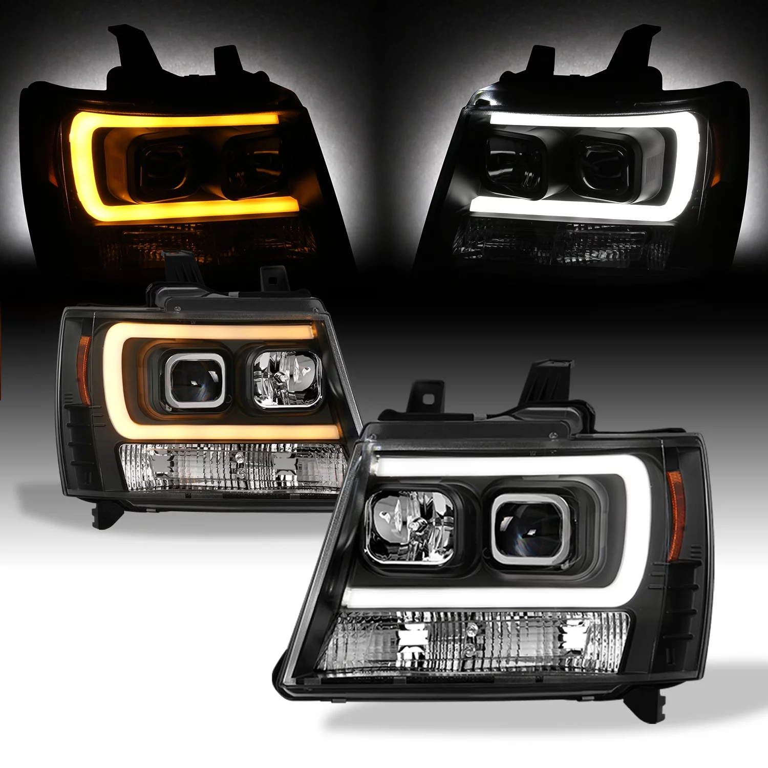 AKKON - Fits 2007-2013 Chevy Avalanche 2007-2014 Tahoe Suburban 1500 / 2500 C-Tube Projector Black Headlights Pair Left + Right