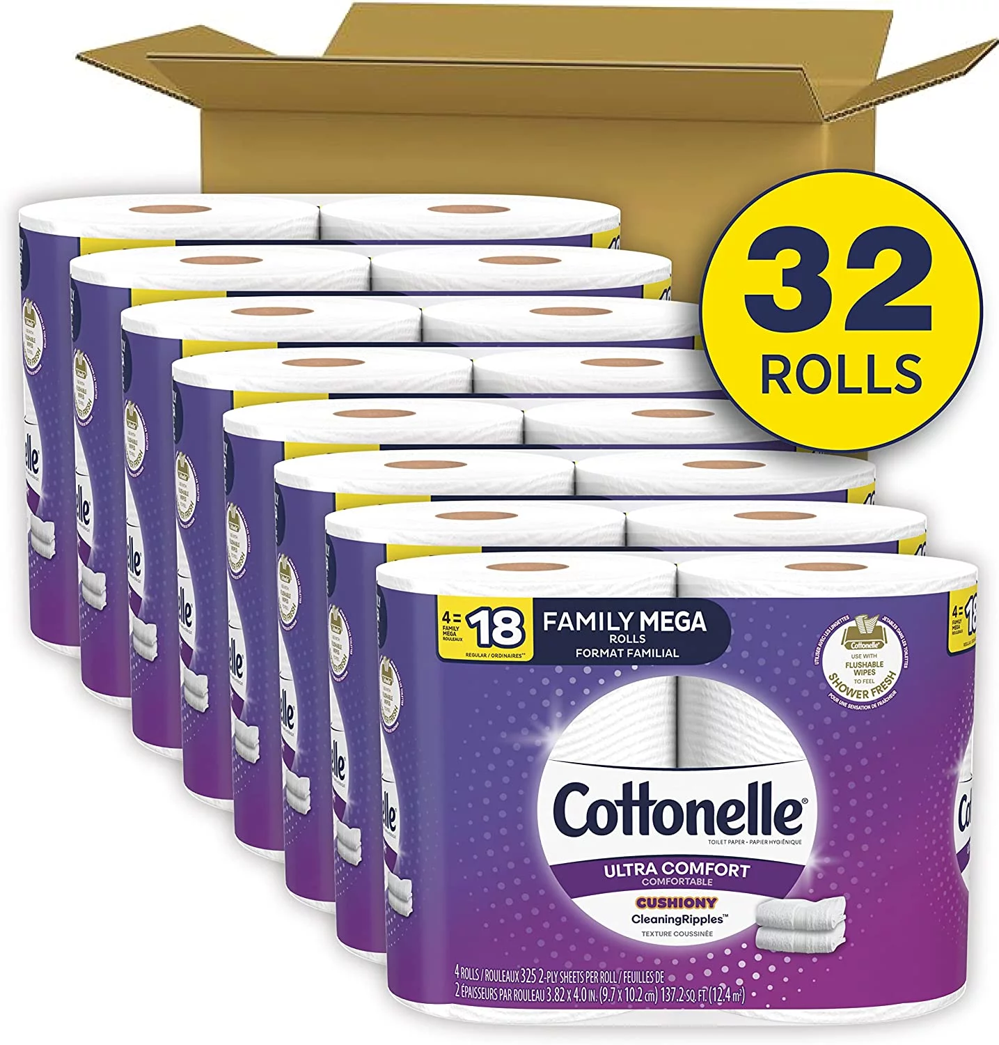 Ultra Comfort Toilet Paper with Cushiony CleaningRipples Texture, 32 Family Mega Rolls (32 Family Mega Rolls = 144 Regular Rolls) (8 Packs of 4 Rolls) 325 Sheets per Roll