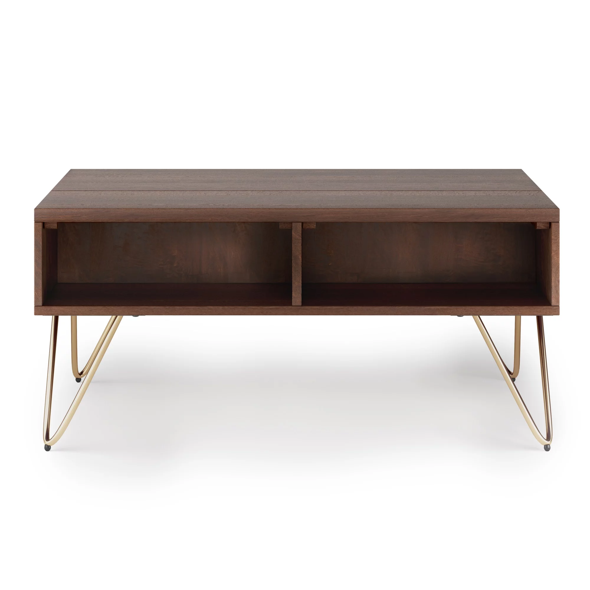 Simpli Home Hunter SOLID MANGO WOOD and Metal 36 inch Wide Rectangle Industrial Contemporary Small Lift Top Coffee Table in Umber Brown and Gold