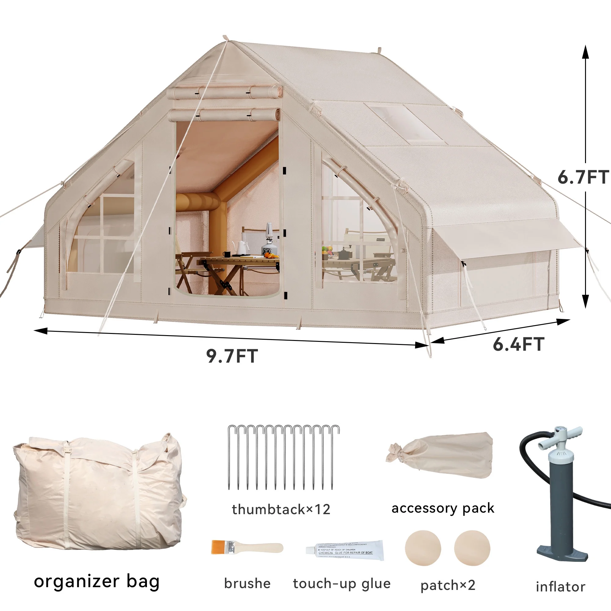 Dextrus Inflatable Camping Tent with Pump, Glamping Tents, Easy Setup 4 Season Waterproof Windproof Outdoor Blow Up Tent, Suitable for 2-6 people