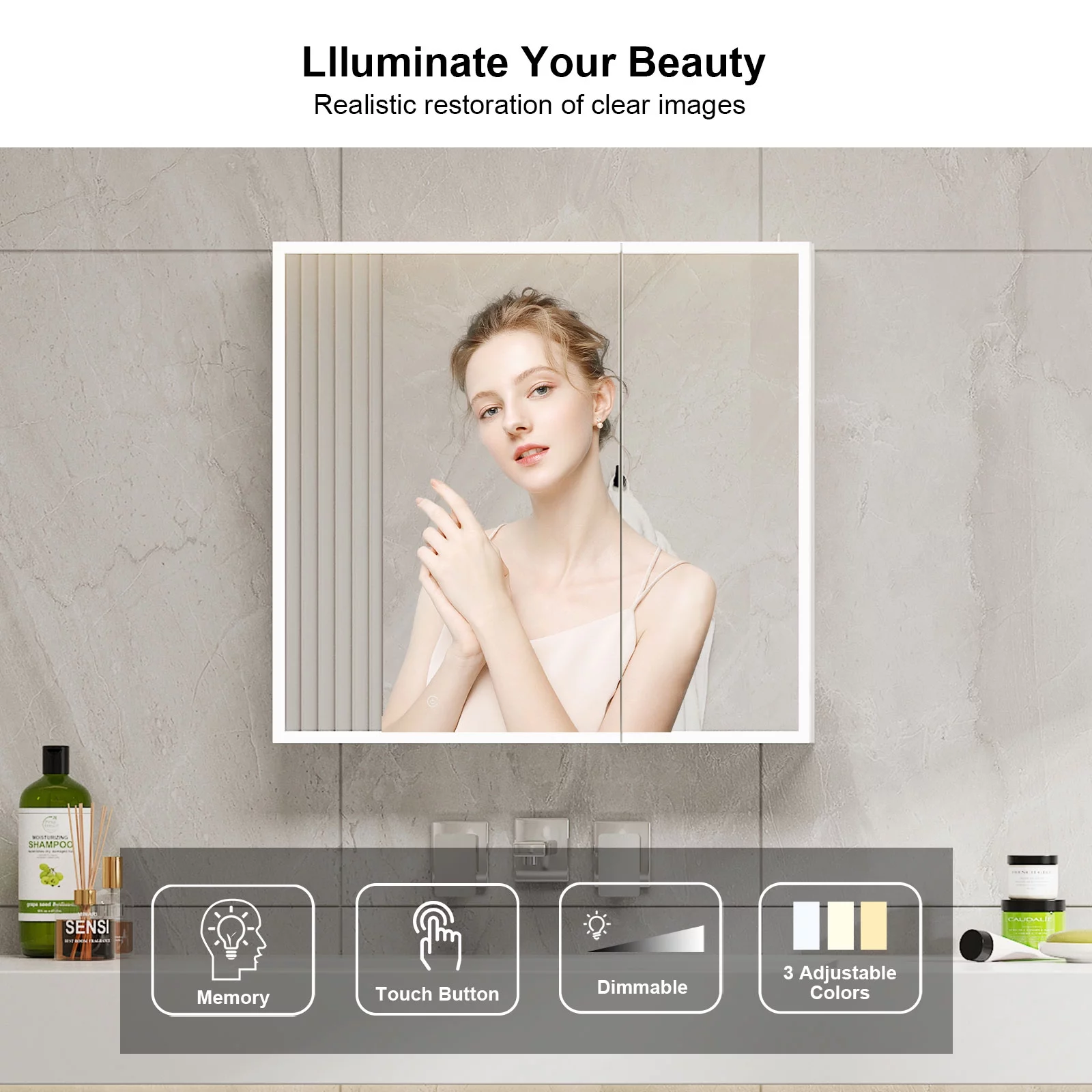 LED Medicine Cabinet with Mirror 2 Door, Lighted Medicine Cabinet with Cosmetic Shelves,Bathroom Mirror Cabinet with Storage Wall Mounted, 3 Light Colors, Recessed,28x30Inch