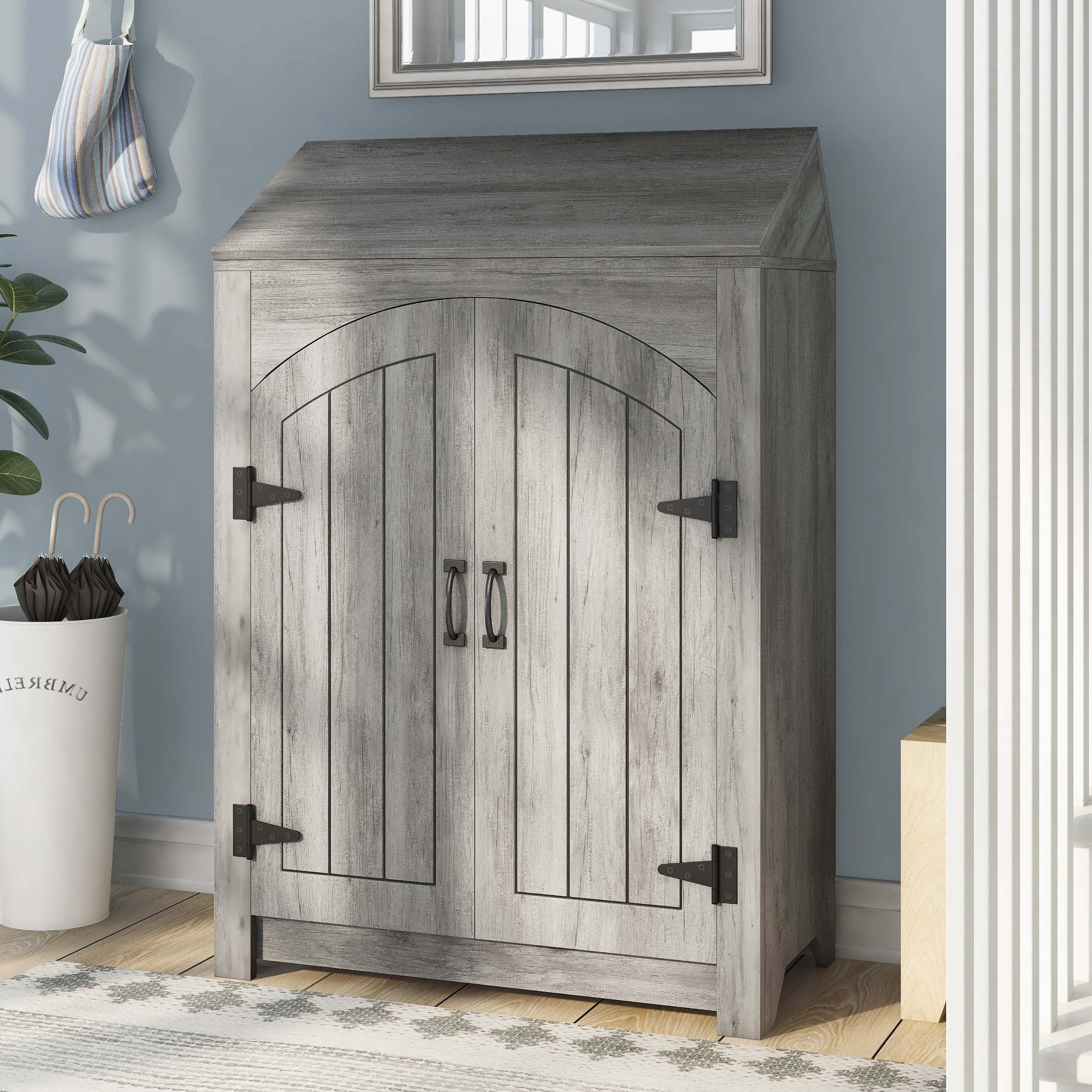 Denhour DH BASIC Jody Farmhouse Adjustable 4-Shelf Double-Door Shoe Cabinet with Lift-top Storage by Vintage Grey Oak N/A