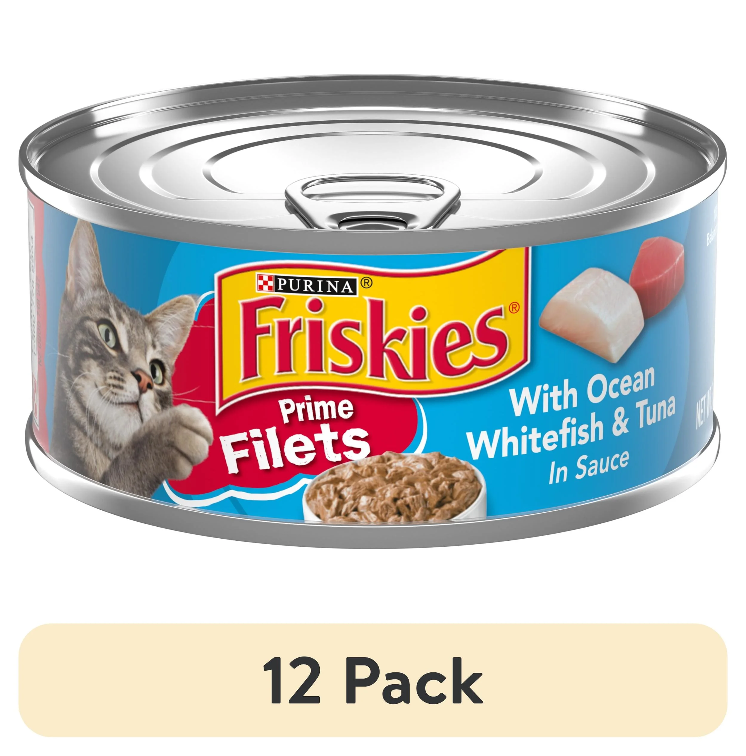 (12 pack) Purina Friskies Prime Filets Gravy Wet Cat Food for Adult Cats, Soft Ocean Whitefish & Tuna, 5.5 oz Can
