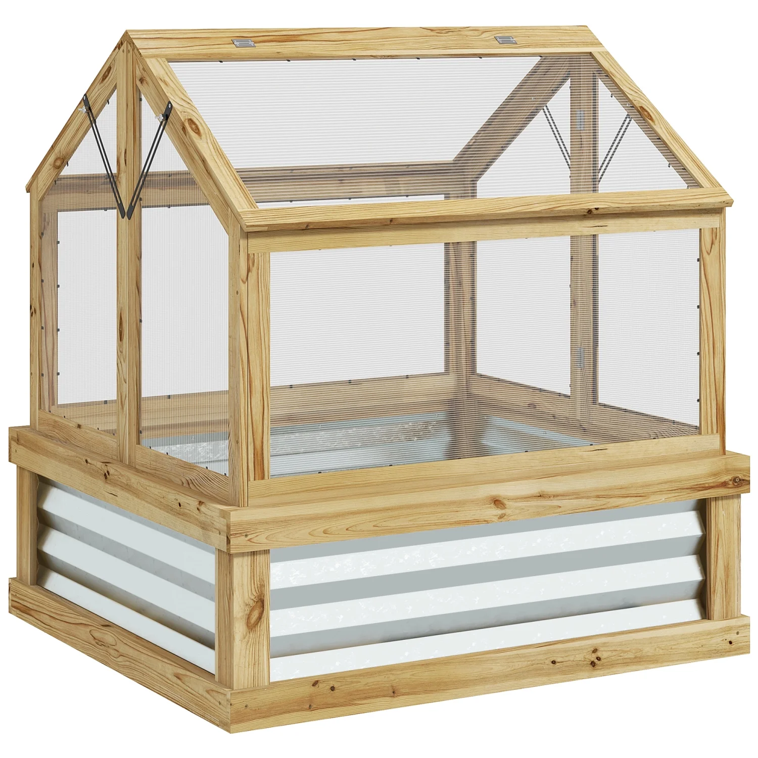 DremFaryoyo Raised Garden Bed with Polycarbonate Greenhouse Garden Wooden Cold Frame Greenhouse Flower Planter Protection Peak Roof 35.5” x 31.5” x 36” Natural