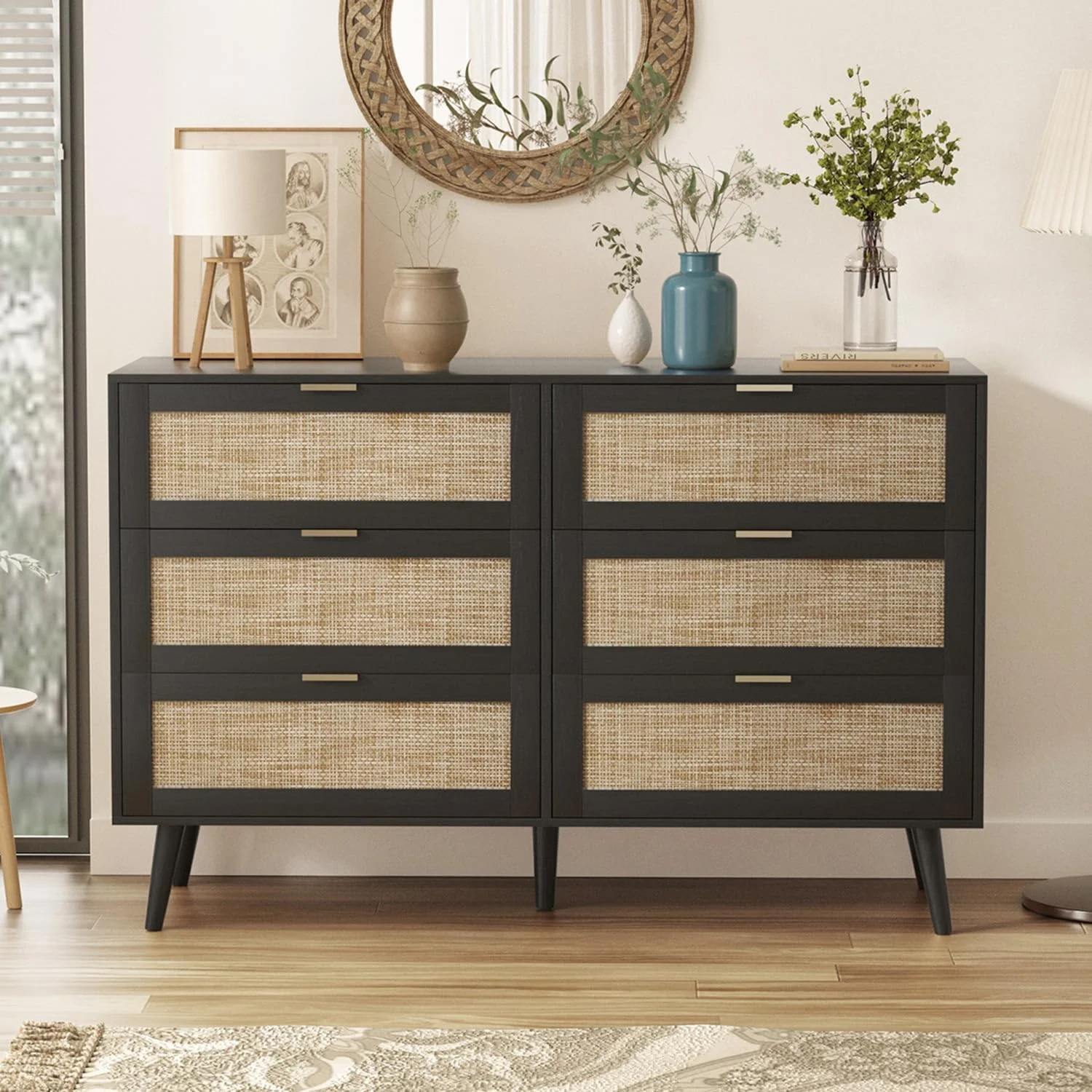 xrboomlife 6 Drawer Rattan Dresser for Bedroom 46" Wood Dresser Wide Chest of Drawers Double Dresser Clothes Organizer for Hallway Living Room Bedroom Black