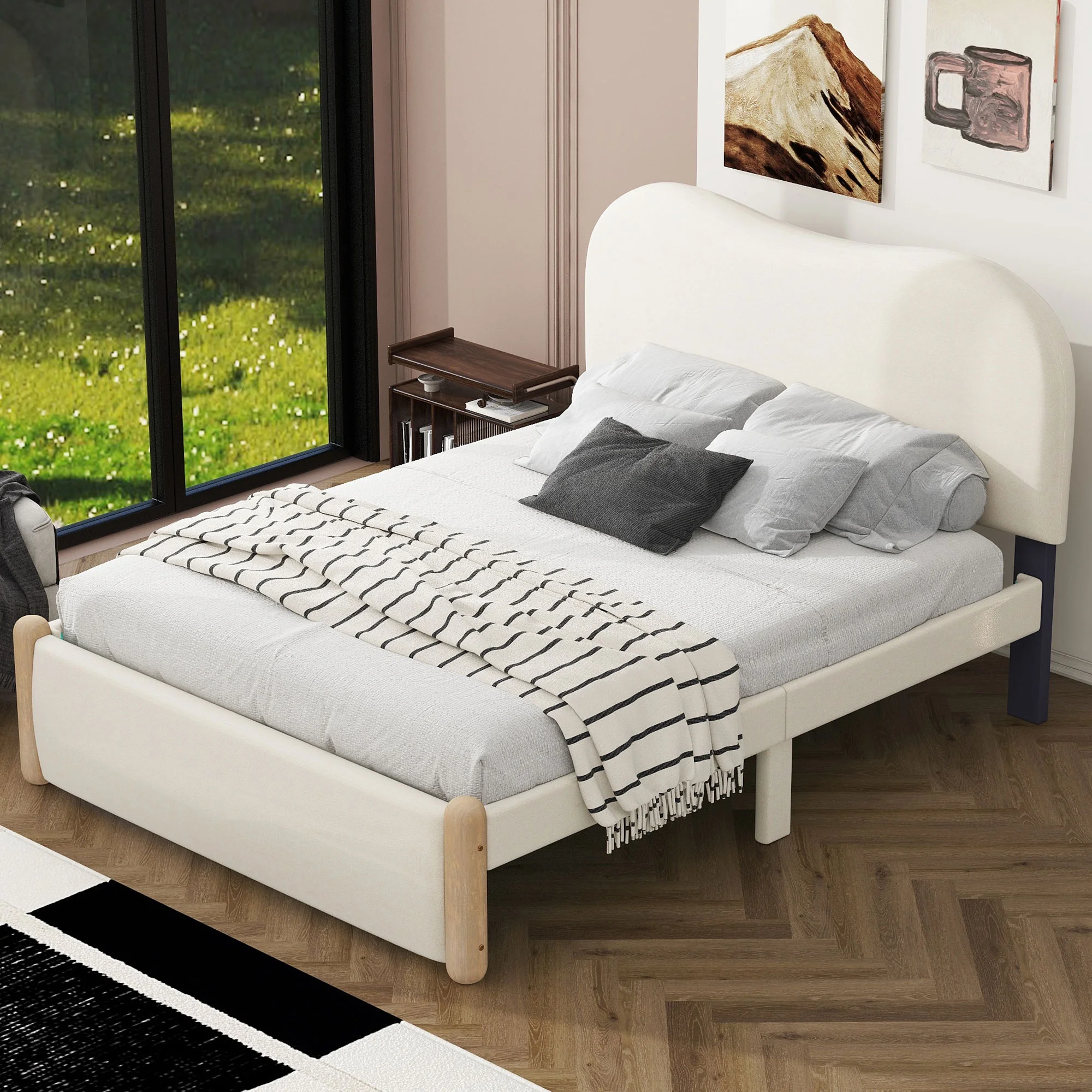 Churanty Full Size Upholstered Platform Bed with Wood Supporting Feet, Modern Berber Fleece Bed Frame for Kids Boys Girls Bedroom,Beige