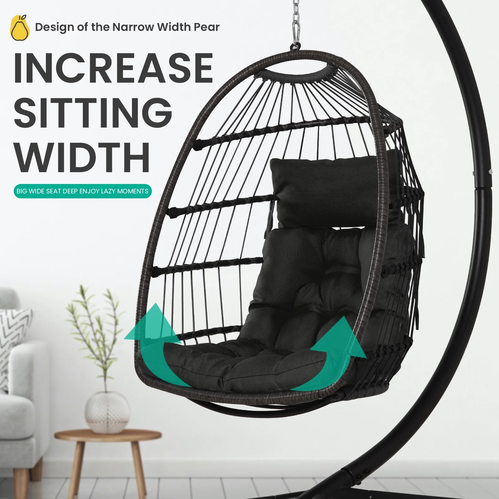 JUSTLET Outdoor Patio Wicker Hanging Egg Chair Swing w/ Stand and Cushion for Indoor Outdoor, Black