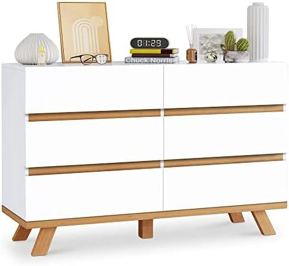 xrboomlife 6 Drawer Double Dresser for Bedroom Rattan Chest of Dressers Modern Wooden Dresser Chest Beside Table for Closet Living Room and Entryway Natural