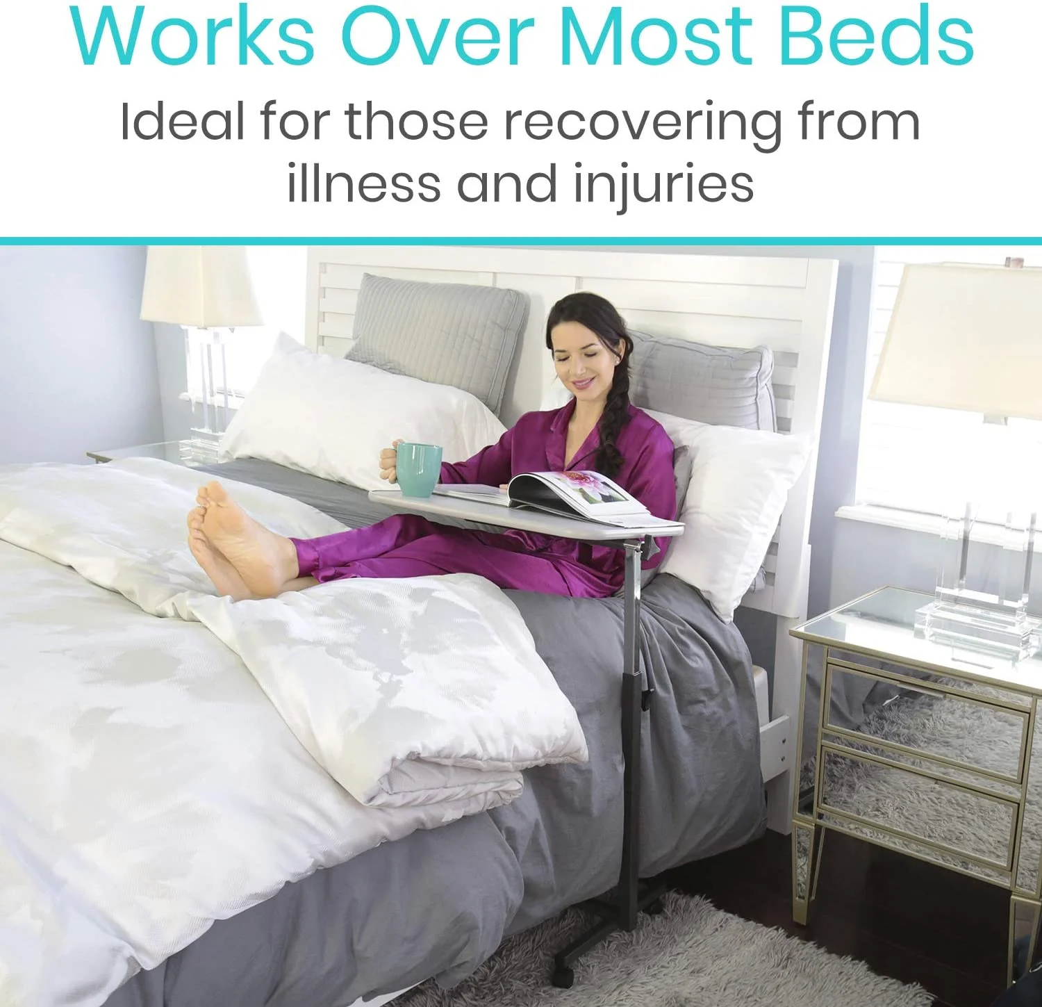 Compact Overbed Table - Over Hospital Bed Tray - Rolling for Home Use or Medical - Adjustable Height, Tilt Top and Swivel Wheels - for Reading, Laptop, Eating, Bedridden, Elderly and Seniors