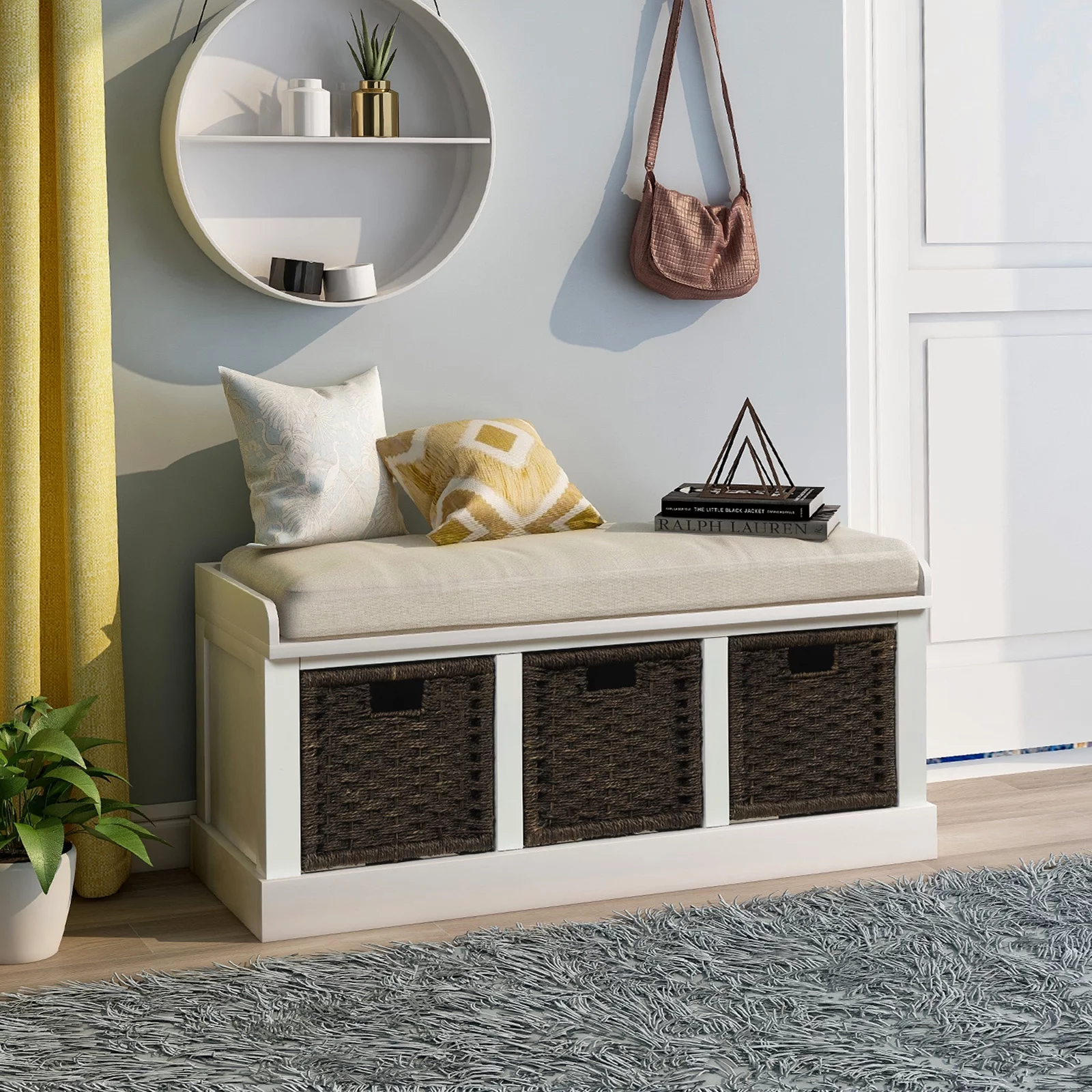 Lecut Wood Frame Storage Bench with Removable Linen Blend Cushion and 3 Rattan Baskets Rustic Shoe Bench for Under Window Entryway Bedrooms White