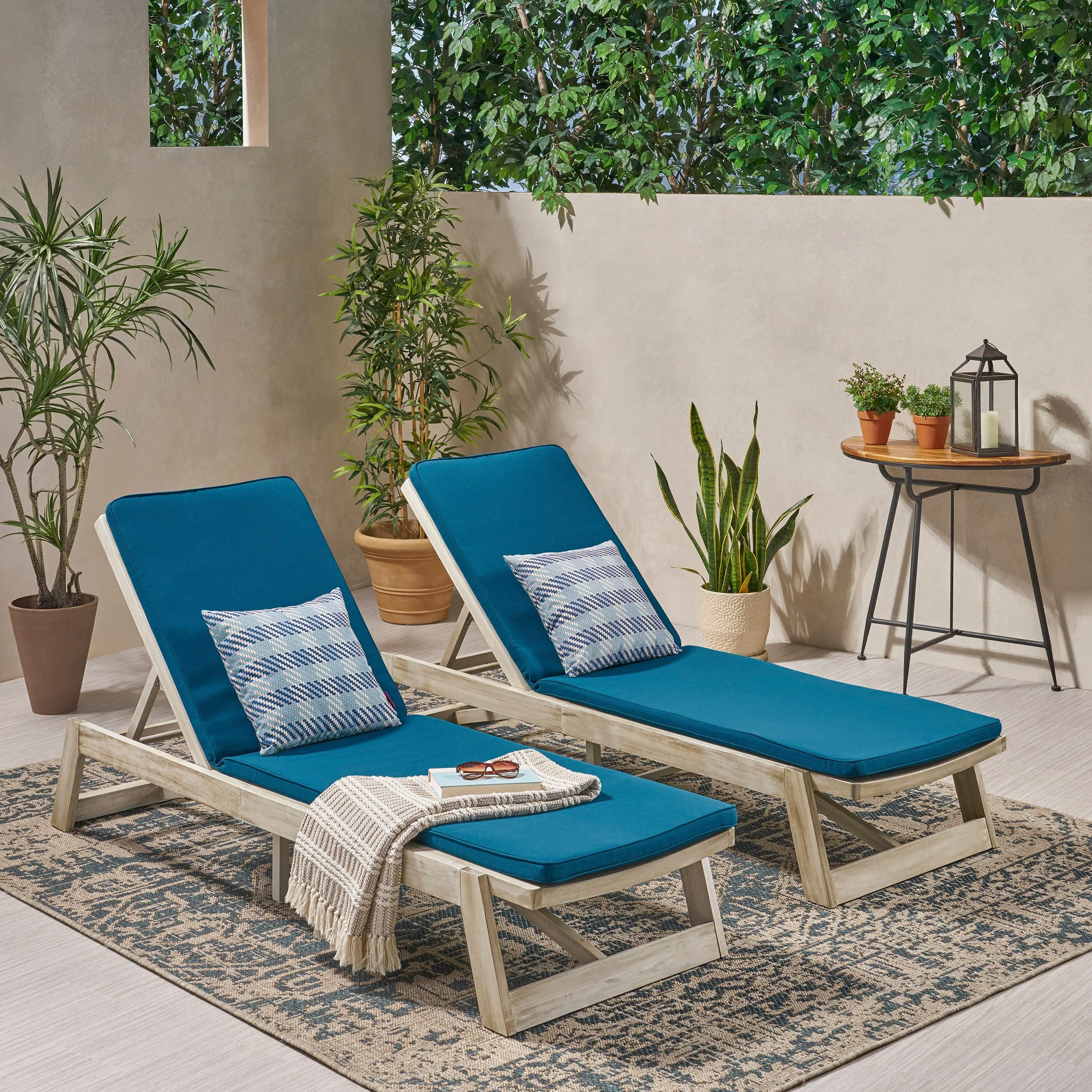 Christopher Knight Home Maki Outdoor Acacia Wood Chaise Lounge and Cushion Set (Set of 2) by Light Grey Wash with Rust Orange