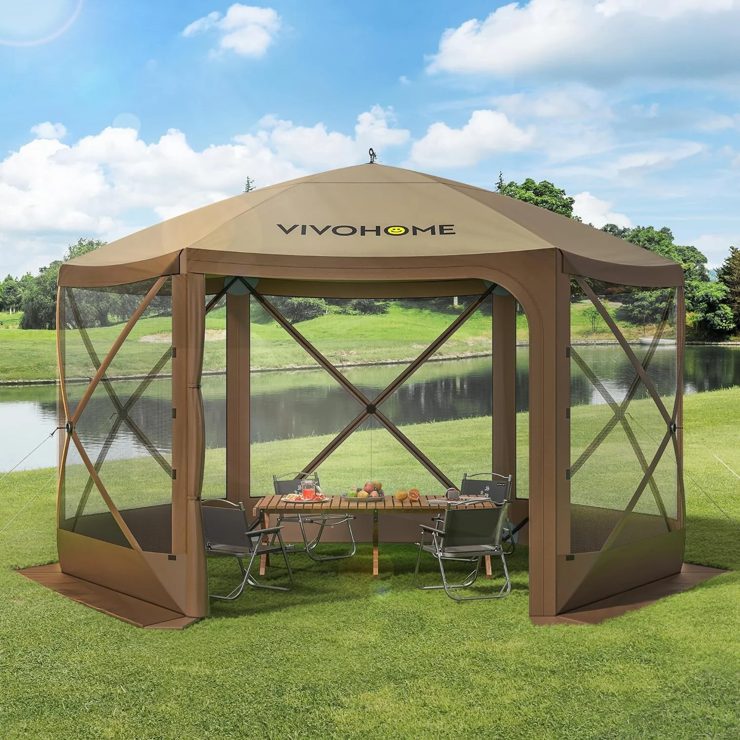 YUMIAO 12x12ft Pop-Up Gazebo Screen Tent, 6-Sided Instant Outdoor Canopy Shelter with Large Main Door, Wind Panels, and Screens for Outdoor Parties, Camping, Lawn and Backyard