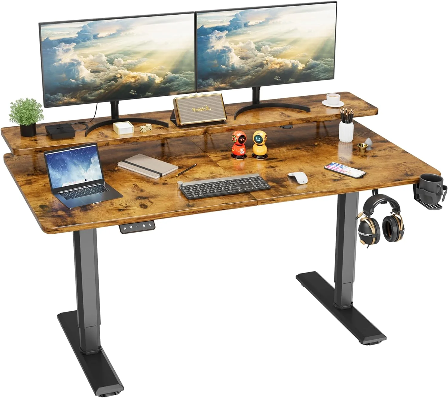 Electric Standing Desk with Monitor Stand, 55 x 24 Inch Height Adjustable Sit Stand up Desk, Home Office Computer Workstation with Cup Holder and Hook, Stand Table for Work, Rustic Brown