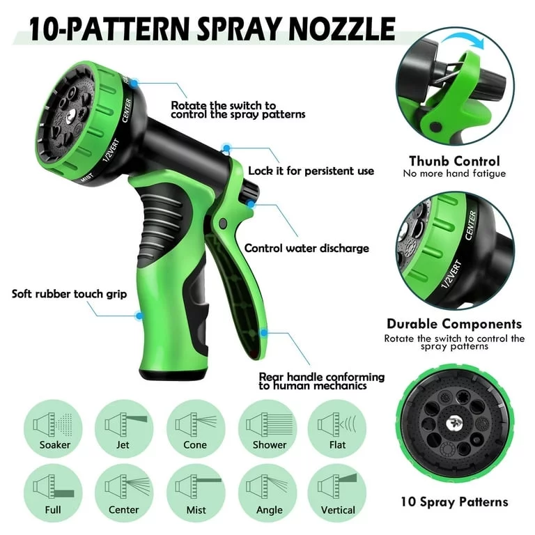 Garden Hose 100ft, Leakproof Water Hose With 10 Function Spray Nozzle,Heavy Duty HoseNo-Kink Water Hose(Green)