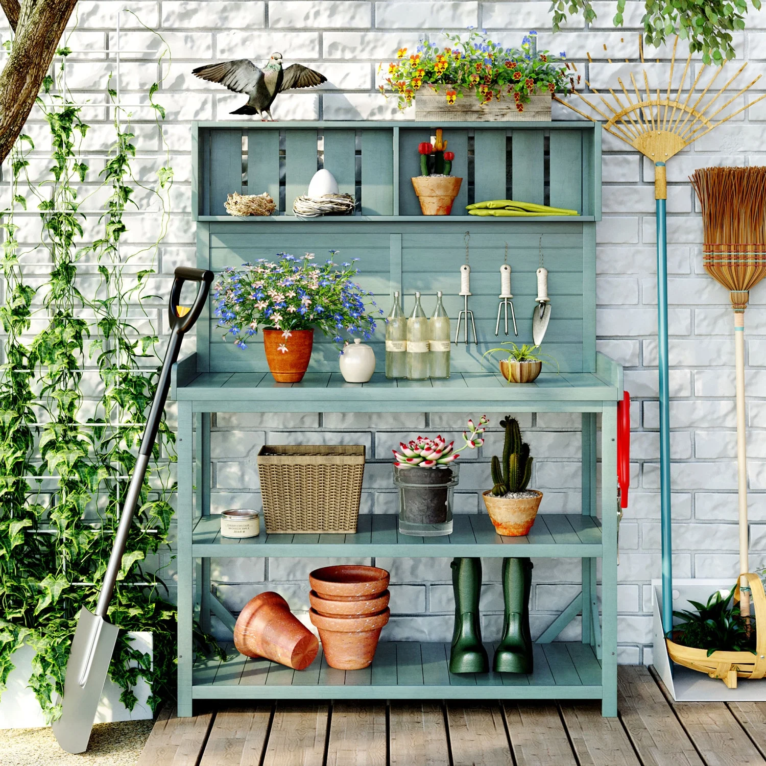 Large Green TOPMAX Rustic Outdoor Farmhouse Potting Bench Table with 4 Storage Shelves 65” Patio Workstation and Side Hook - Perfect for Garden Enthusiasts