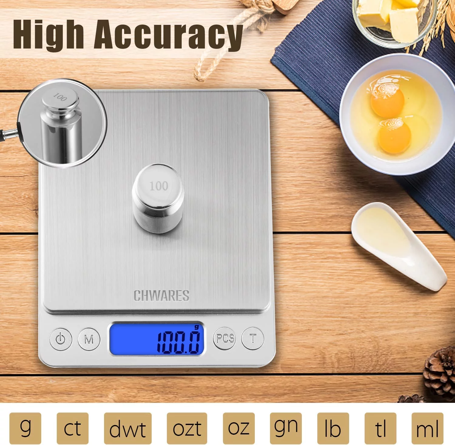 Food Scale, Rechargeable Kitchen Scale with Trays 3000g/0.1g, Small Scale with Tare Function Digital Scale Grams and Ounces for Weight Loss, Dieting, Cooking, Meal Prep, Coffee, Jewelry