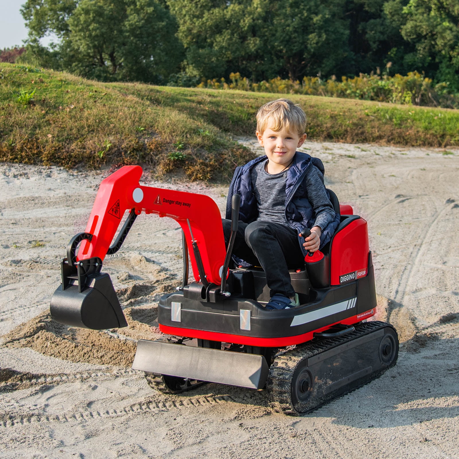 JOYLDIAS Kids 12V Electric 360 Degree Rotating Ride On Excavator and Bulldozer with Track Design Wheels, Remote Control, MP3, Toolbox (Red)