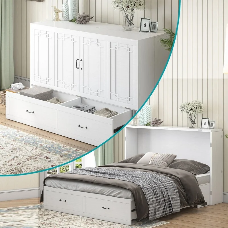 Mixoy Murphy Bed with Mattress,Foldable Space-Saving Cube Cabinet Bed White - Queen