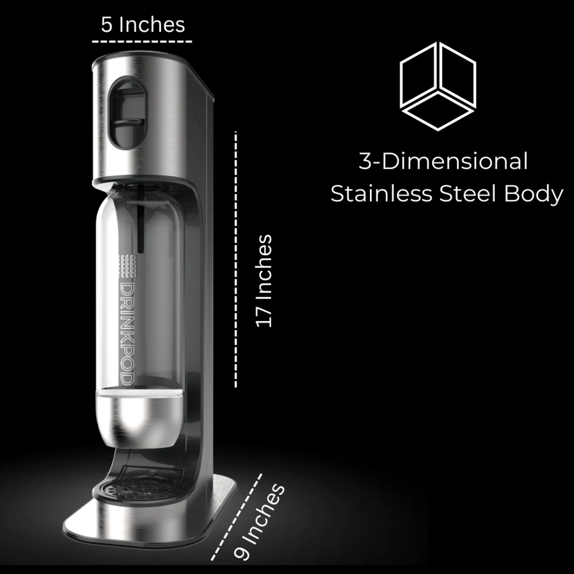 Drinkpod Stainless Steel Premium Sparkling Water Machine | Includes 2 C02 Cylinder & 3 x Bottles | Ultra Fizz Carbonated Machine In Stainless Steel