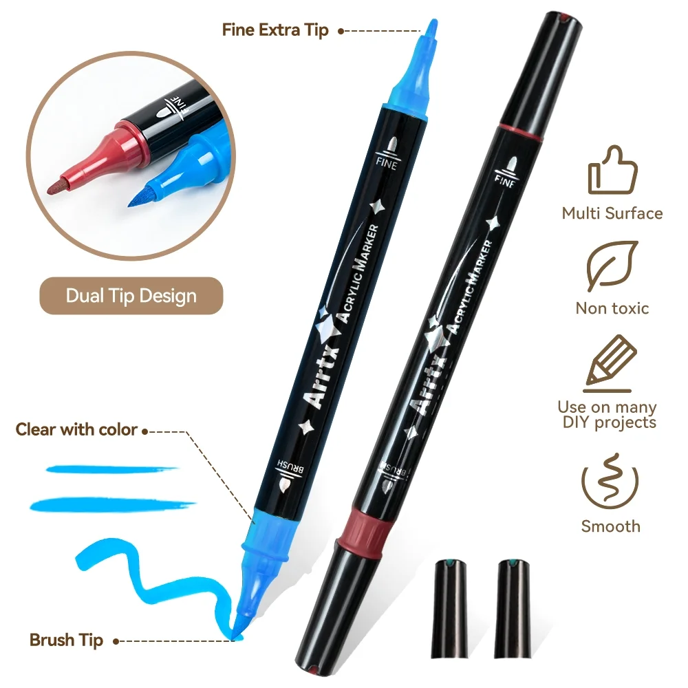 Arrtx Acrylic Paint Pens, 32 Colors Fine Tip and Brush Paint marker, no-odor Water-based Acrylic Paint pens for Rock Painting, Ceramic, Glass, Wood, Fabric, Canvas, DIY Craft Making Art Supplies
