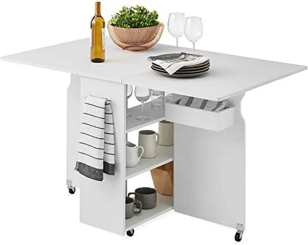STVBG Folding Dining Table Multipurpose Collapsible Drop Leaf Extension Versatile Space Saving Desk w/Wheels 3 Shelves Metal Handle - White