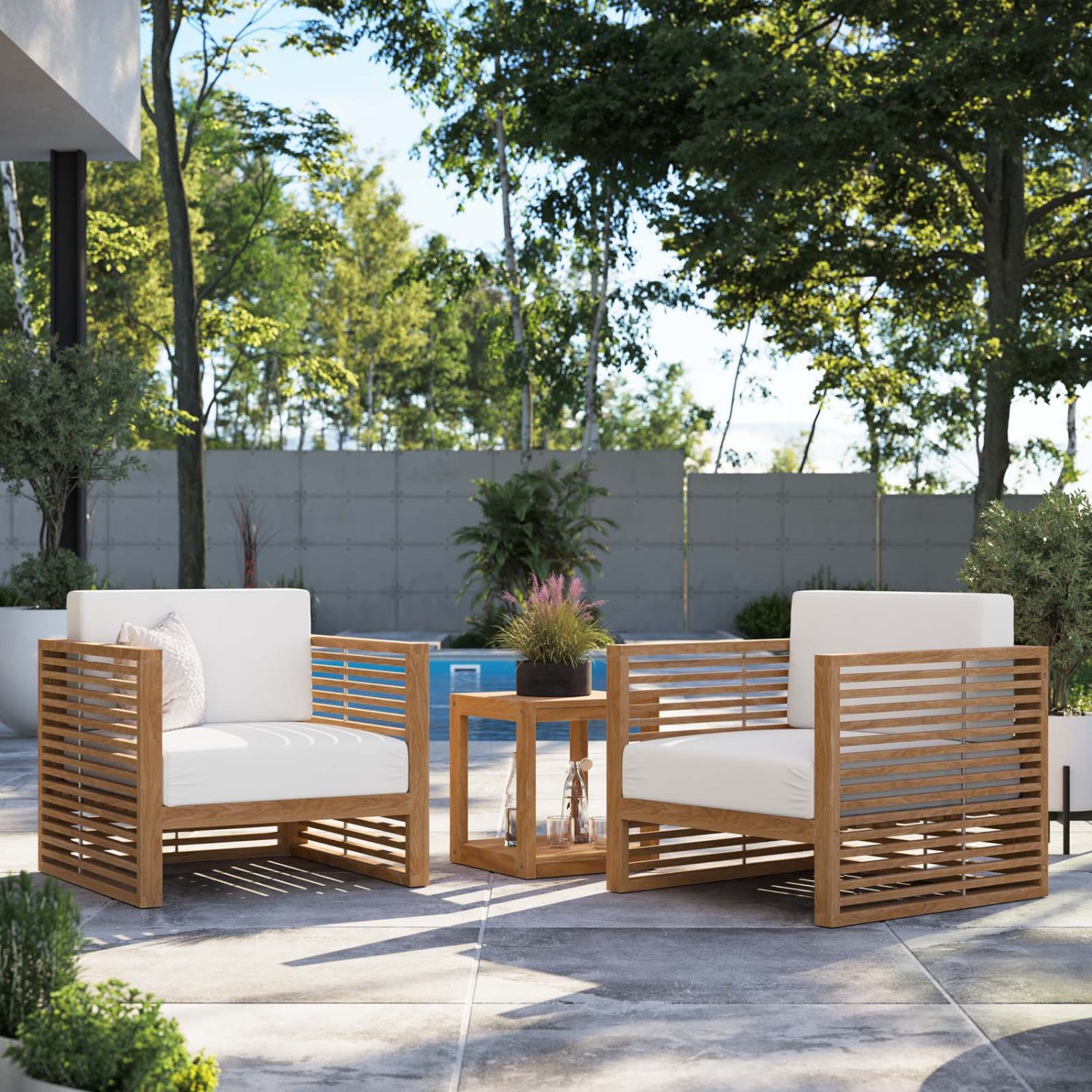 Lounge Chair ArmchairTable Set, White Natural, Teak Wood, Outdoor Patio Balcony Cafe Bistro Garden Hospitality Restaurant, Modern Contemporary HB34148