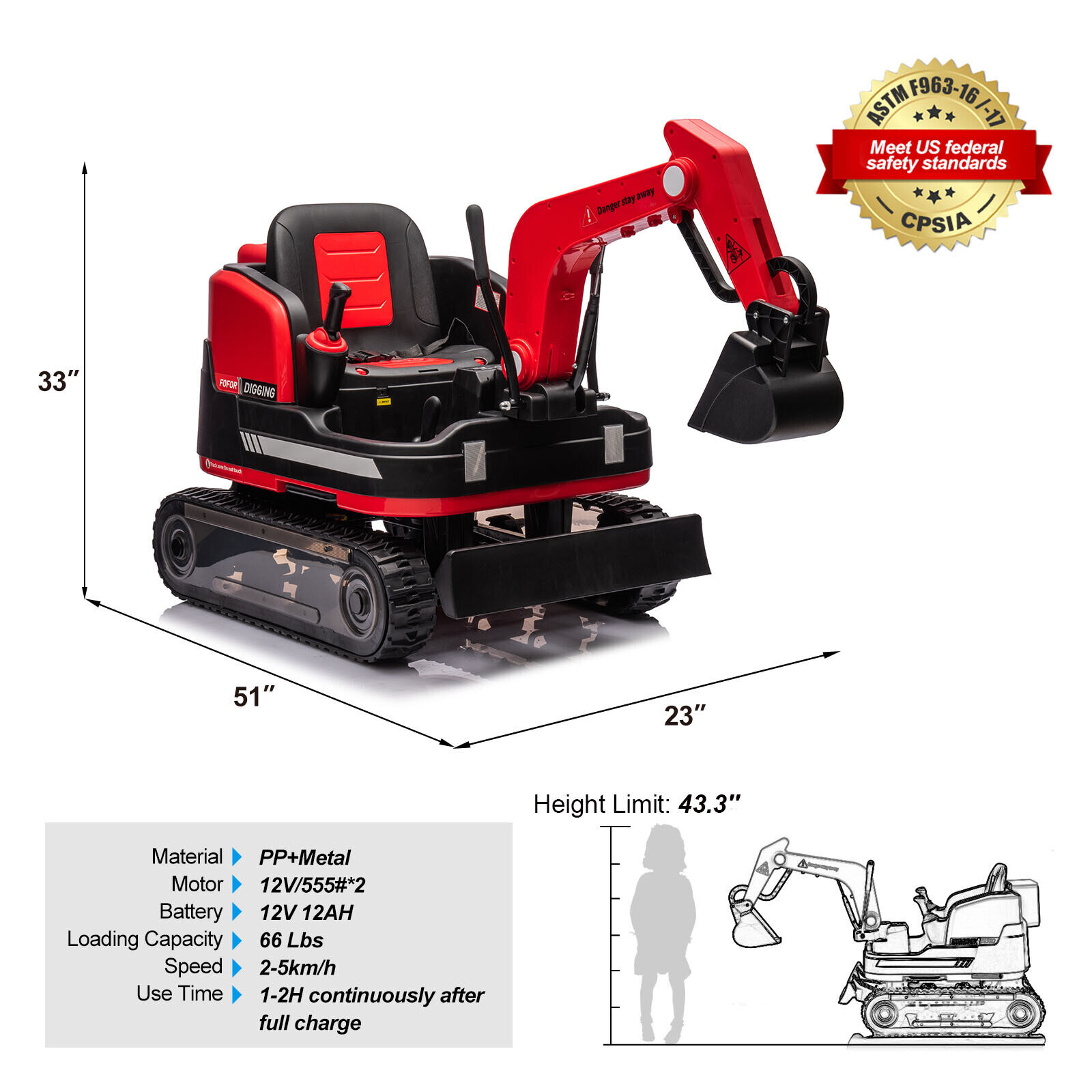 JOYLDIAS Kids 12V Electric 360 Degree Rotating Ride On Excavator and Bulldozer with Track Design Wheels, Remote Control, MP3, Toolbox (Red)