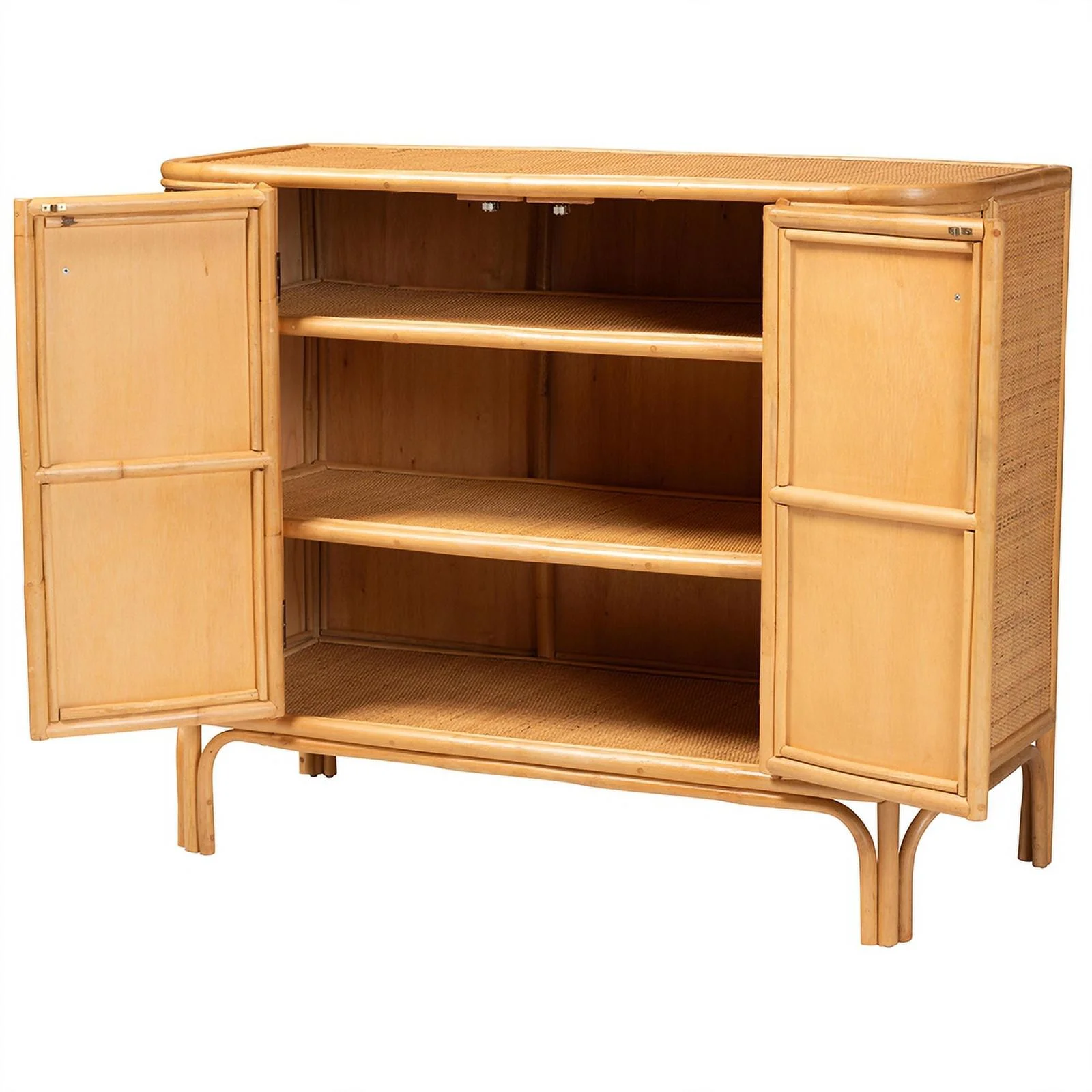 Pemberly Row Modern 2-Door Rattan Storage Cabinet in Natural Brown