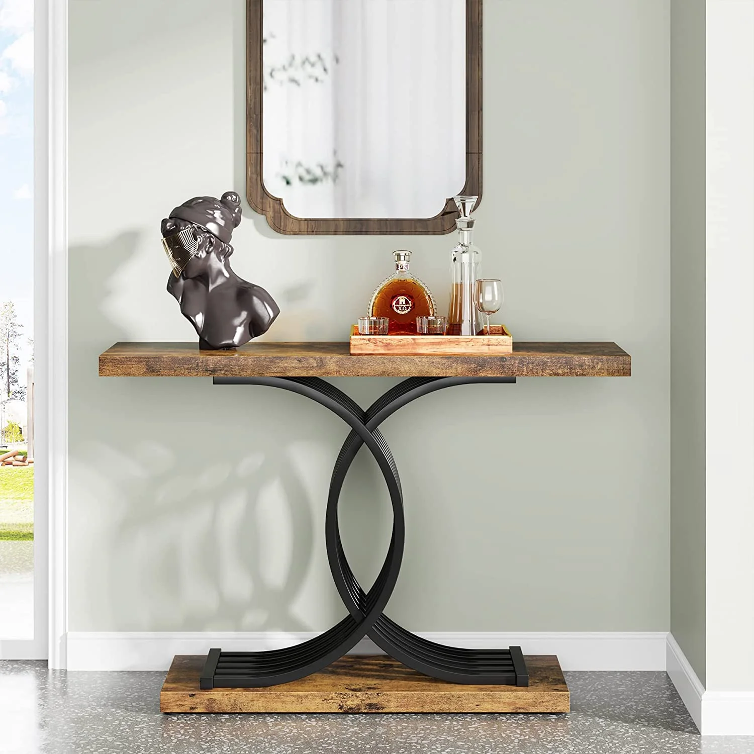Rustic Console Table, Industrial Narrow Sofa Tables with Geometric Legs, Wood Metal Couch Table Foyer Table for Living Room, Entryway, Hallway, Black Brown