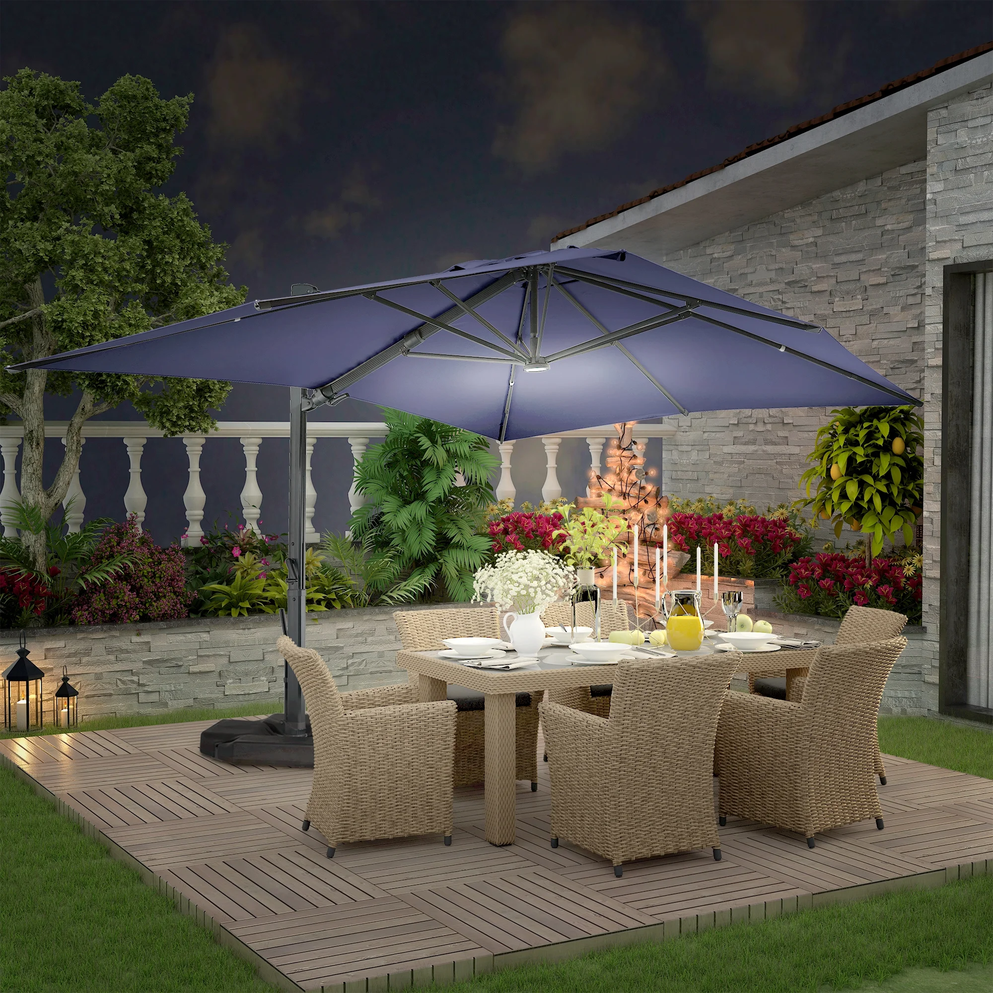 Mondawe 10x13 FT Cantilever Umbrella Large Offset Umbrella with 360°Rotation and LED Light Panel Cantilever Patio Umbrella for Backyard, Pool & Garden, Navy