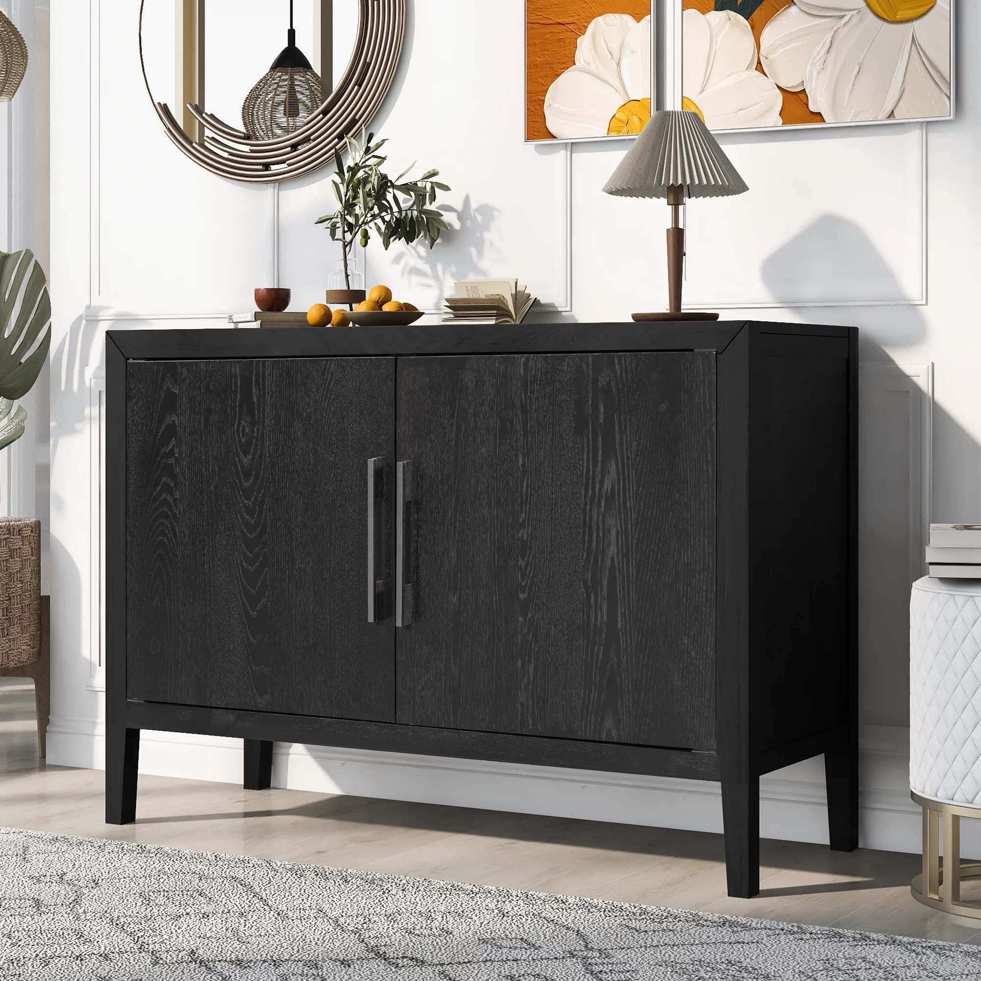 Storage Cabinet, Farmhouse Buffet Sideboard, Buffet Cabinet, Storage Cabinet with 4 Rattan Doors and Adjustable Shelves, Heavy Duty Cabinet Furniture for Living Room Kitchen Dining Room, Black