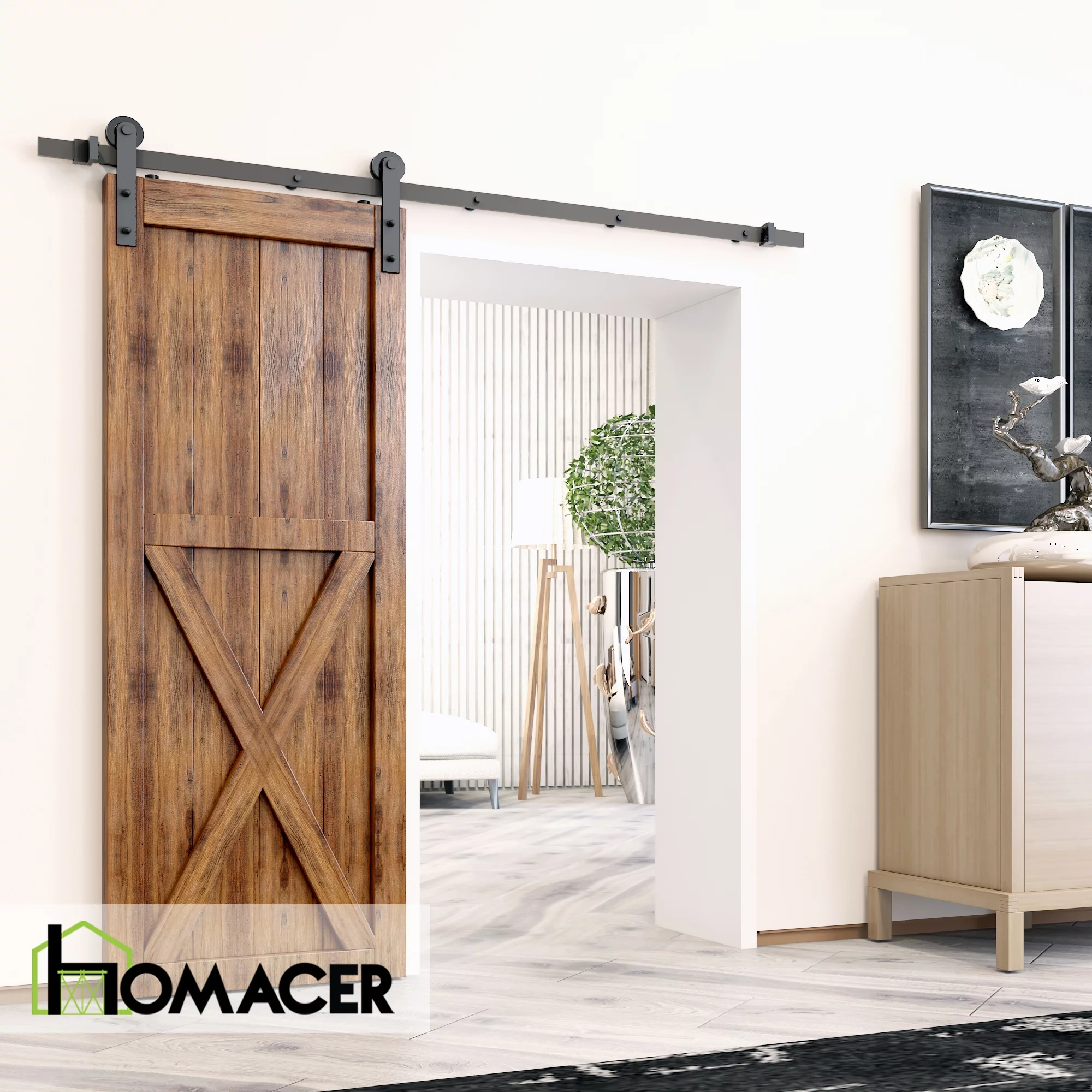 Homacer Black Rustic Sliding Barn Door Hardware Kit, for One/Single Door, 8ft Long Flat Track, Straight Design Roller, Heavy Duty, for Interior & Exterior Use