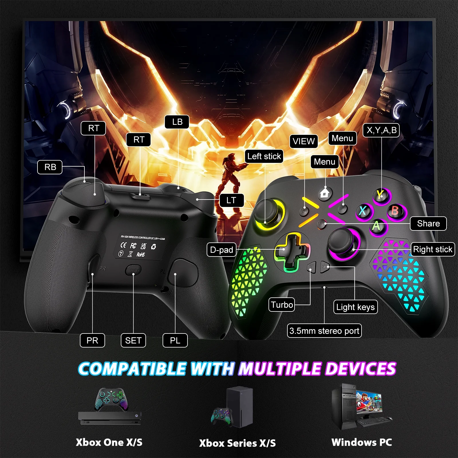 2 Pack Wireless Xbox Controller for Xbox One, with RGB LED Light Compatible with Xbox One, XboxOne X/S, Xbox Series X/S ,Windows PC