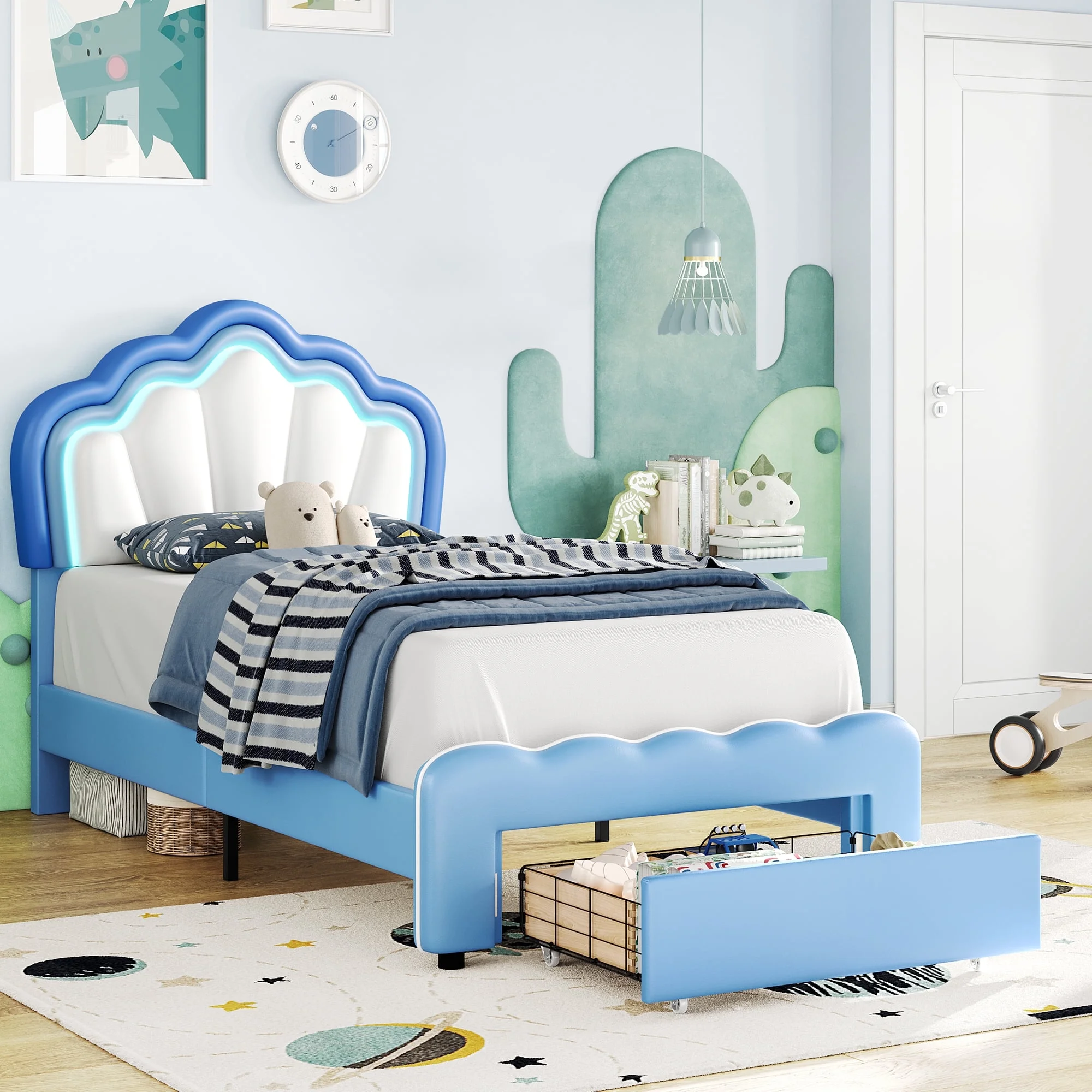 Homfa Twin Size LED Bed Frame with Drawer, PU Leather Upholstered Platform Bed with Adjustable Petal Headboard for Kid, Blue