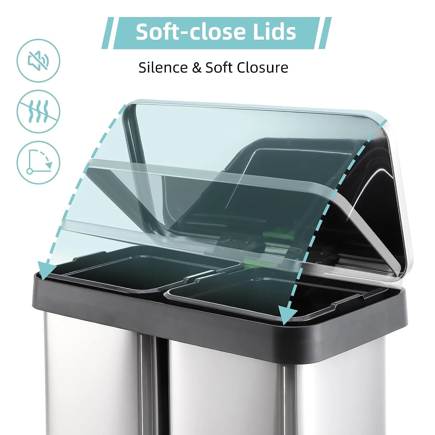 Homhougo—16 Gallon Stainless Steel Dual Trash Can, Two Compartment Trash Can with Recycling Bin Combo, Double Garbage Cans for Kitchen, 2 X 8 Gallons, Silver