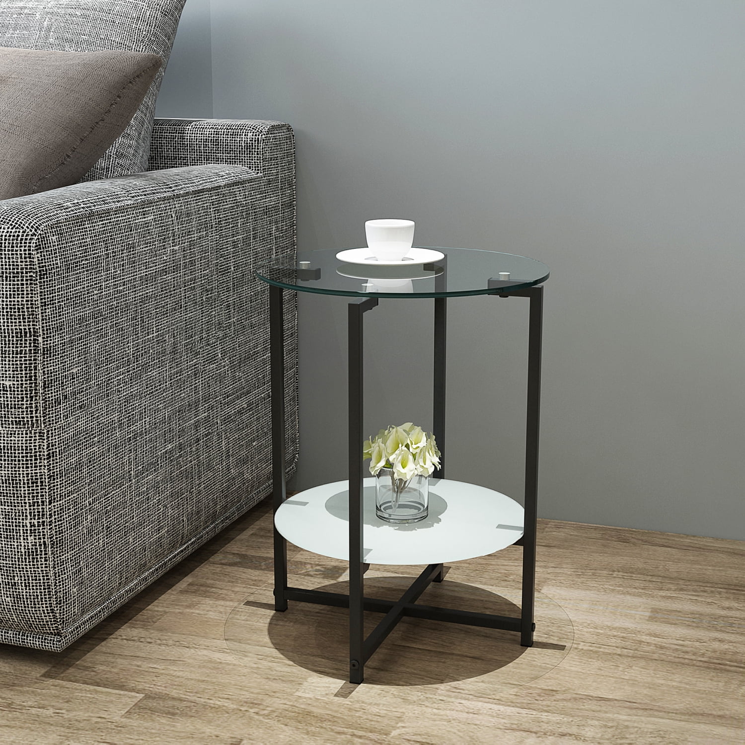 Elegant and Modern 2-Layer Black Tempered Glass End Table Stylish Round Coffee Table for Office Living Room and Bedroom
