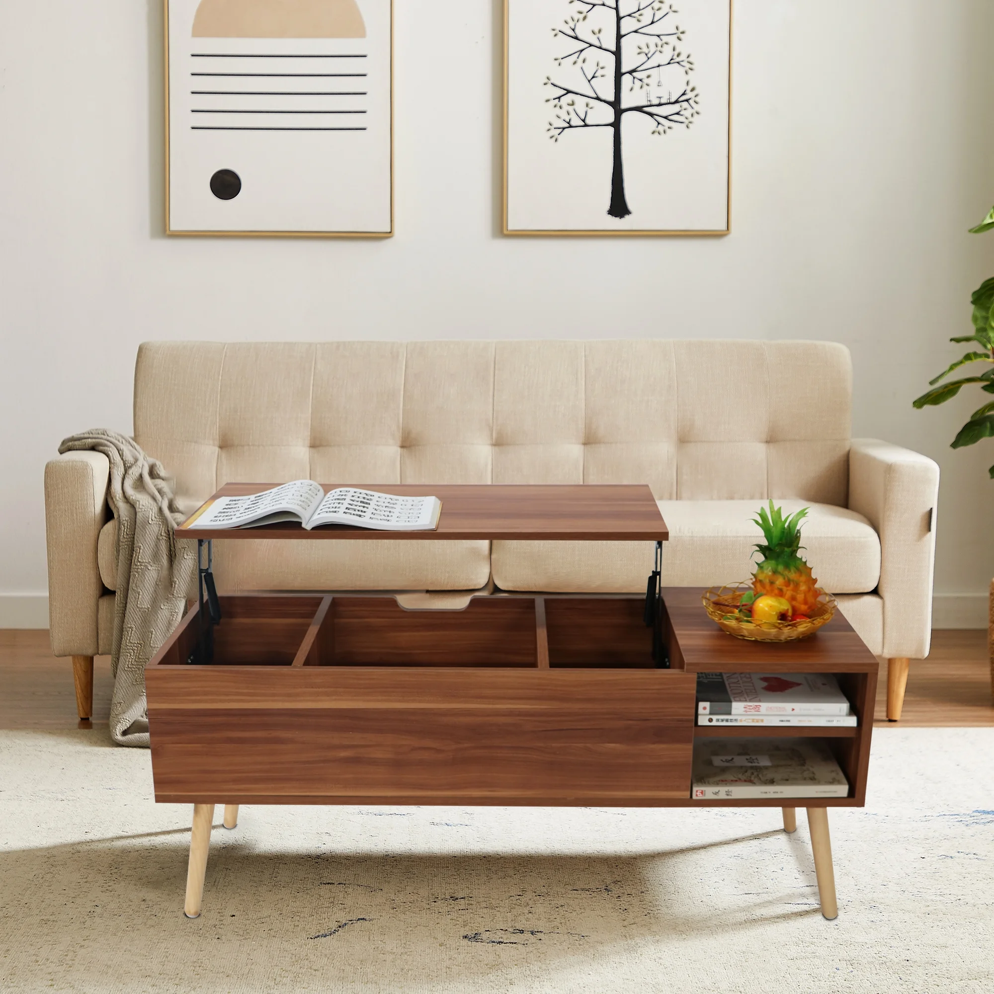 Smilegend Solid Wood Lift-Top Coffee Table with Hidden Compartment and Storage Shelf - Accent Furniture Easy Assembly and Stable Design