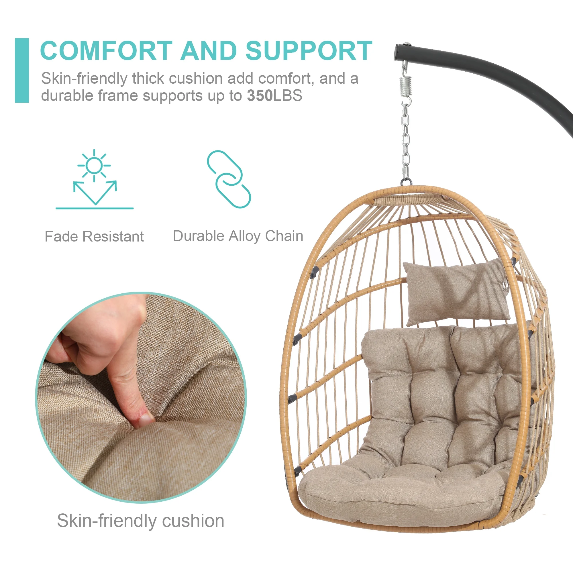 SWITTE Egg Chair with Stand PE Wicker Swing Chair and Beige Cushion