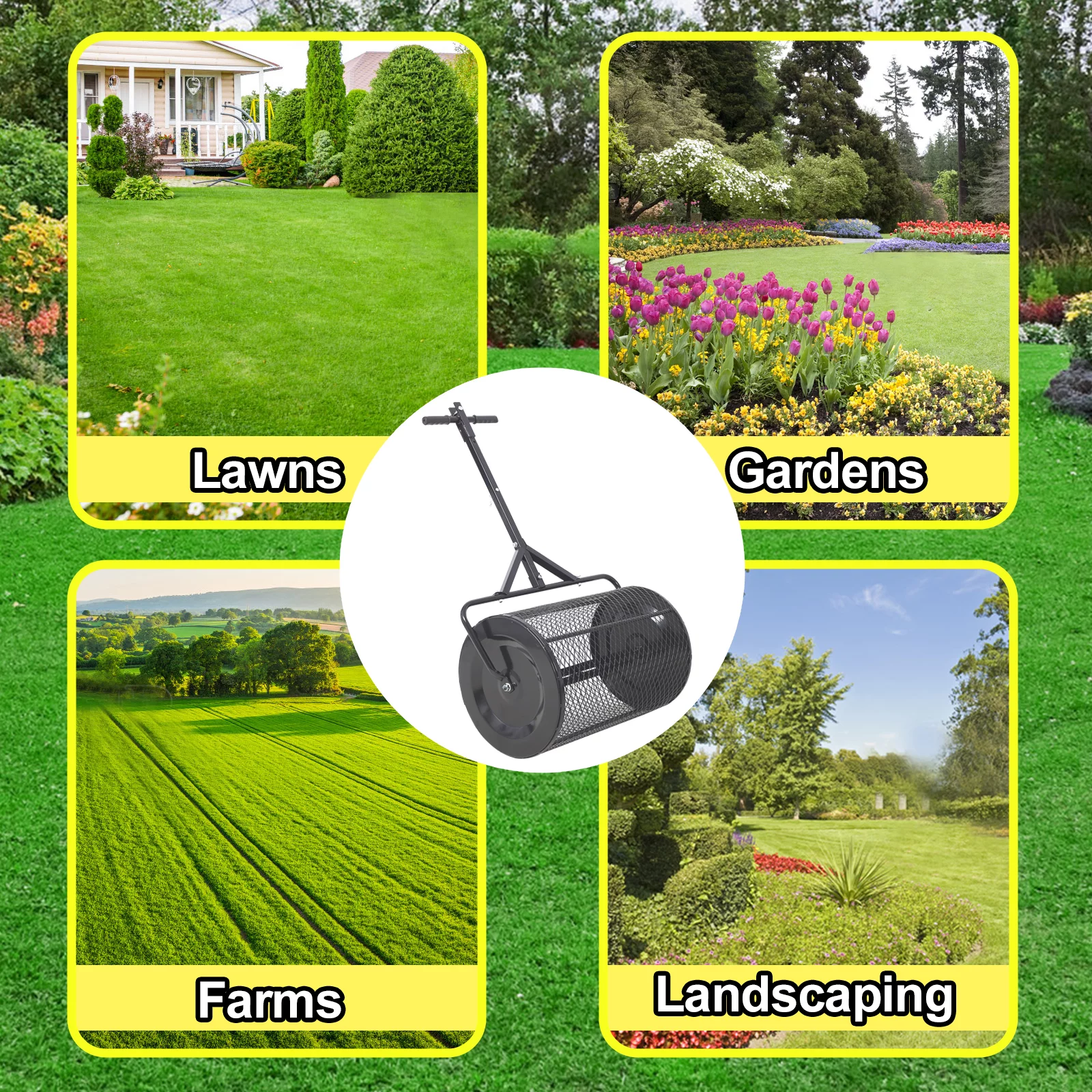 Peat Moss Spreader 36inch,Compost Spreader Metal Mesh,2 in 1 ATV and T shaped Handle for planting seeding,Lawn and Garden Care Manure Spreaders Roller