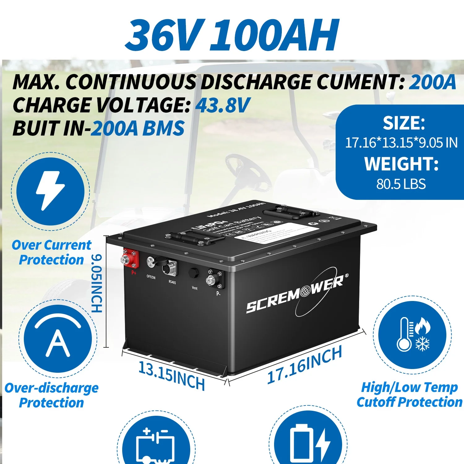 36V 100Ah Lithium Golf Cart Battery, 8000+ Deep Cycles Rechargeable LiFePO4 Golf Cart Battery 200A BMS, SCREMOWER Max 7.64kW Power Output for Golf Carts,43.8V 20A Charger