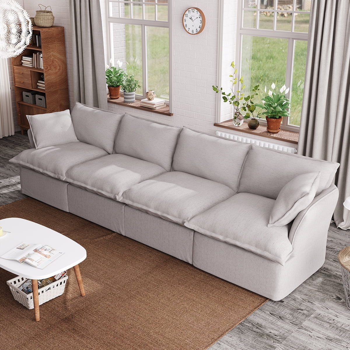 Indecor Home Sectional Sofa 4 Seater Convertible Couch Linen Blend Sofa Set for Living Room Furniture Gray