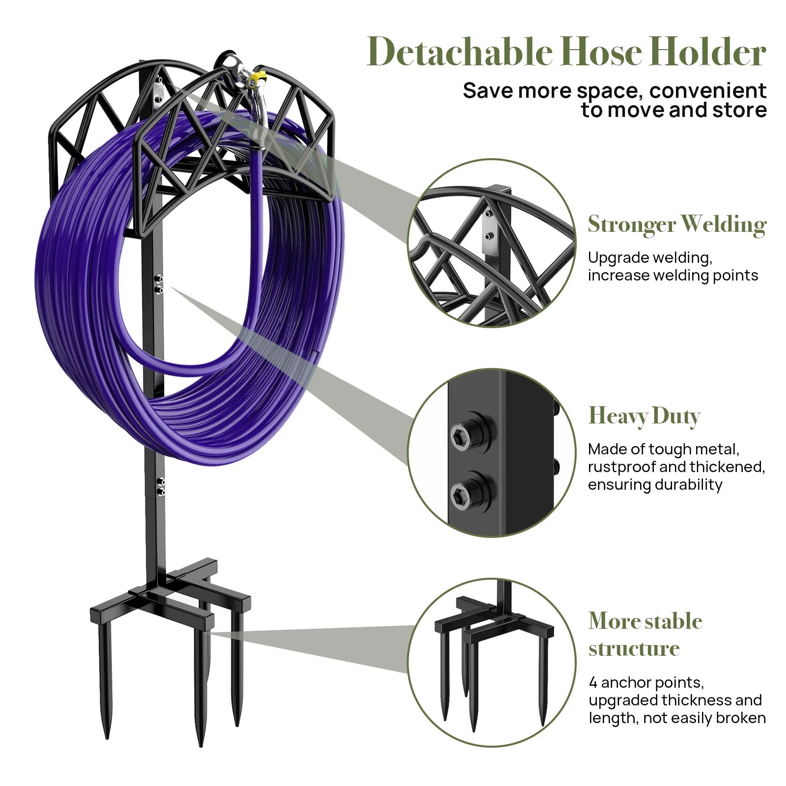 Garden Hose Holder, Freestanding Water Hose Holder Detachable Heavy Duty Hose Holder Garden Hose Storage for Outside Yard Lawn