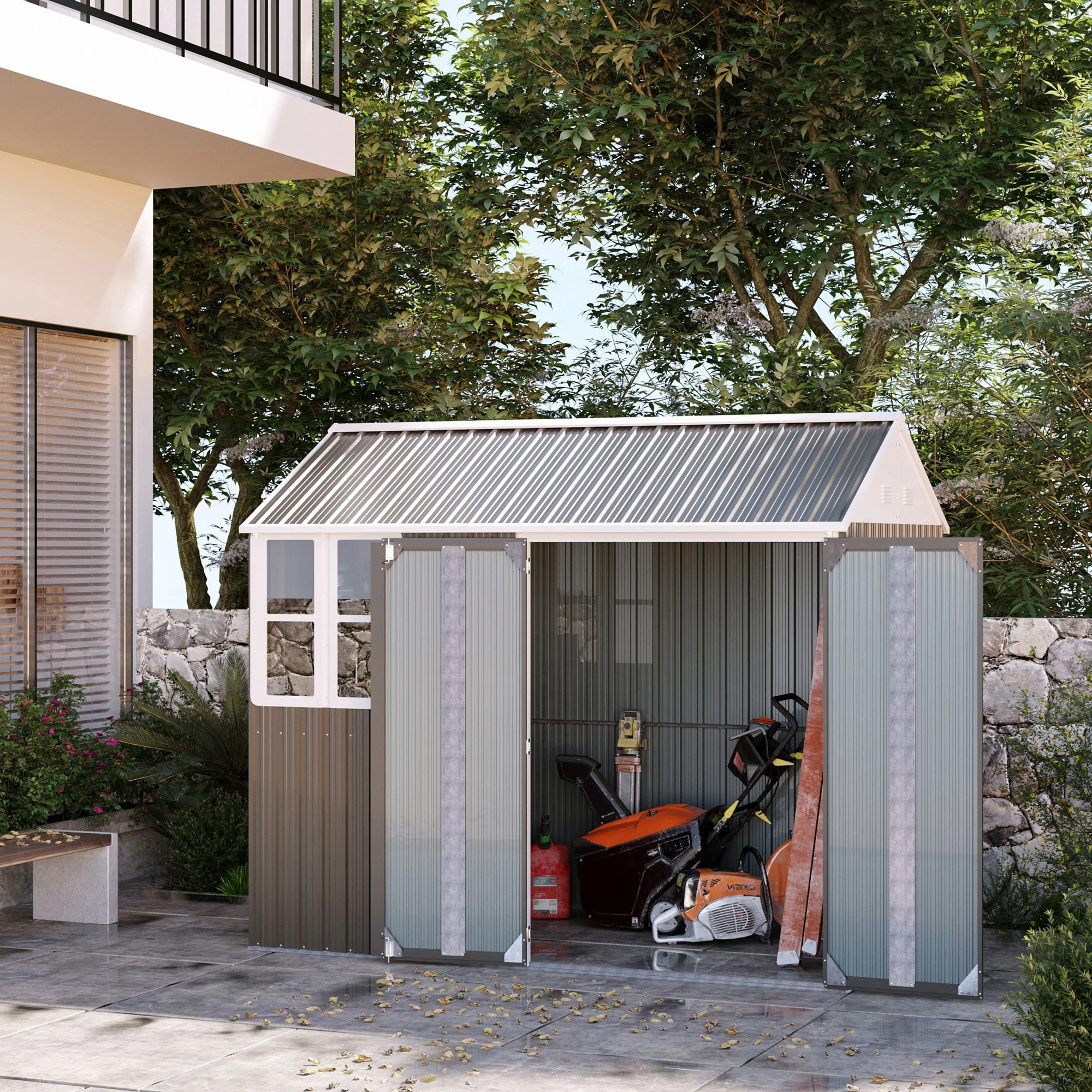 Outsunny 8' x 6' Metal Garden Storage Shed W/ Doors Windows & Vents, Gray