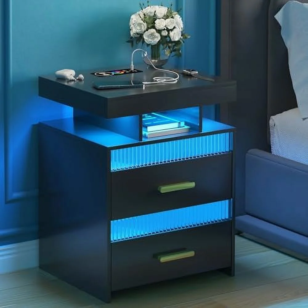 GEROBOOM LED Nightstand with Charging Station Modern End Table with 2 Drawers Bedside Table with with Human Sensor 24 Colors Lights for Bedroom (White )