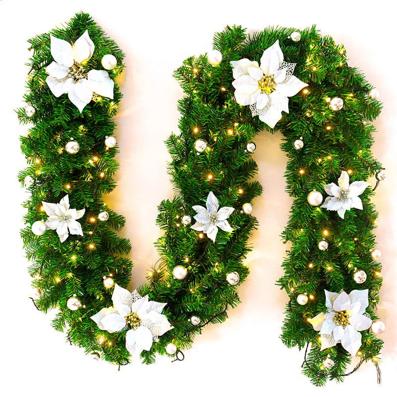 9ft Christmas Garland with Lights Pine Garland with Red Berry for Christmas Decoration Outdoor Indoor Stairs Fireplace Home Holiday A16