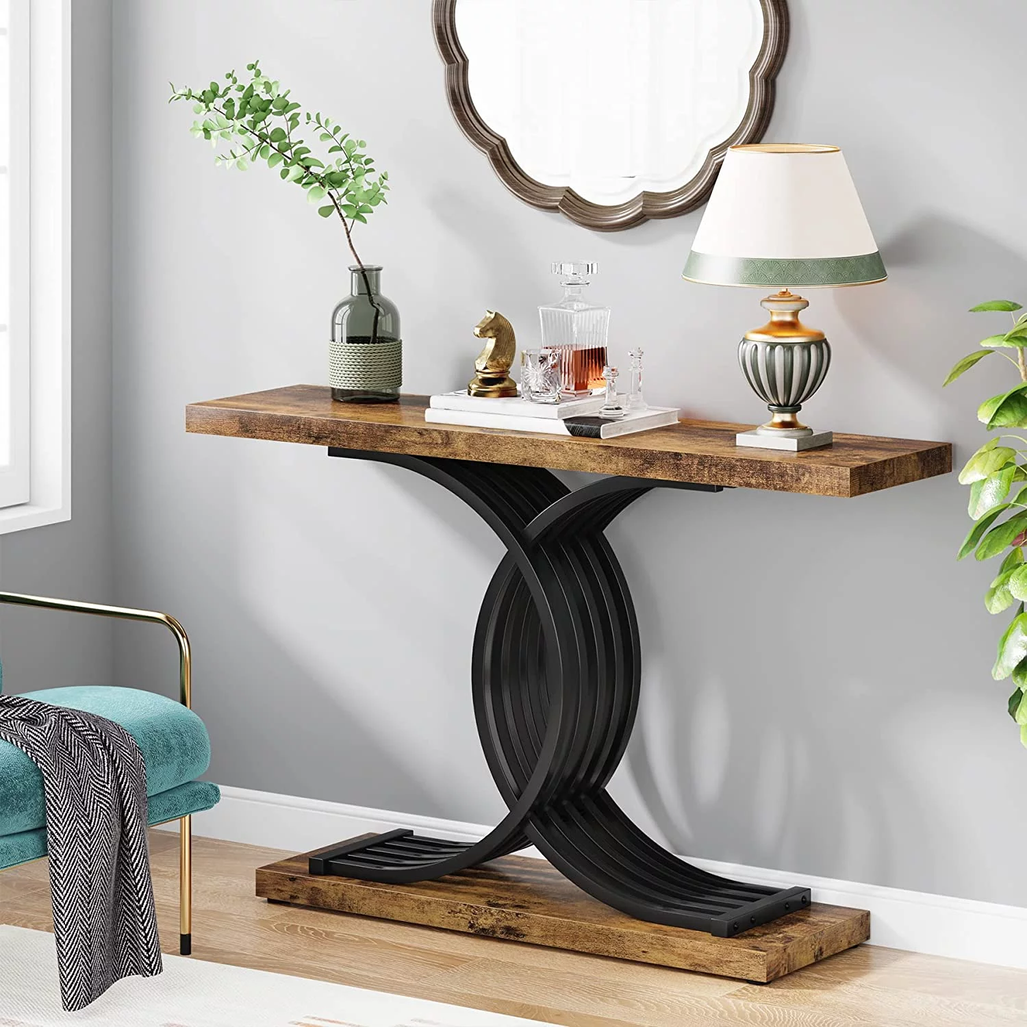 Rustic Console Table, Industrial Narrow Sofa Tables with Geometric Legs, Wood Metal Couch Table Foyer Table for Living Room, Entryway, Hallway, Black Brown