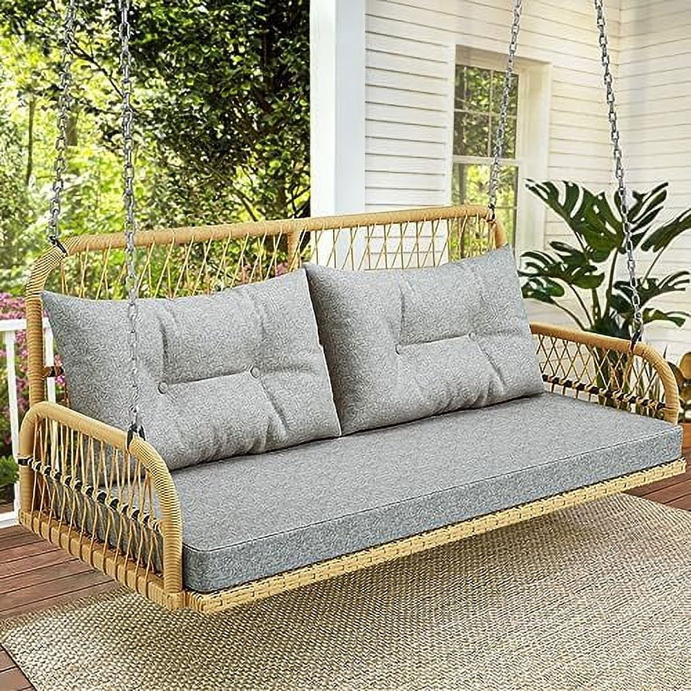 CHTYVC Wicker Hanging Porch Swing Chair Outdoor Brown Rattan Patio Swing Lounge w/ 2 Back Cushions Capacity 530lbs for Garden Balcony Living Room Beige