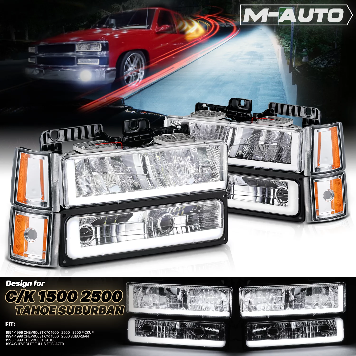 M-AUTO DRL LED Tube Headlight Assembly with 6000K LED Bulbs for 1994-1999 GMC C1500/K1500 Yukon, 1994-1999 GMC C1500/C2500/K1500/K2500 Suburban, 1994-2000 GMC C2500/C3500/K2500/K3500