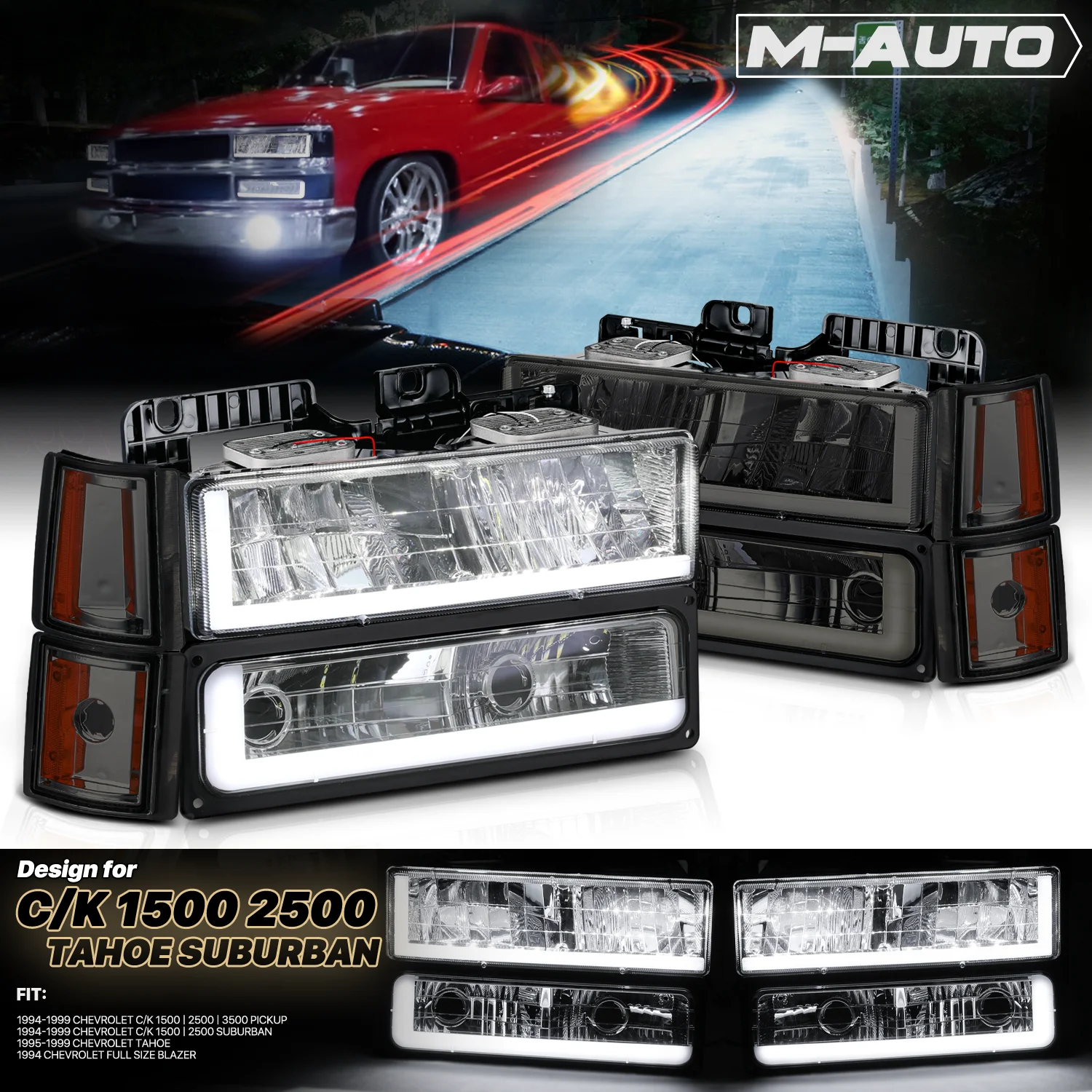 M-AUTO Switchback LED Tube Headlight Assembly with LED Bulbs for 1994-1999 GMC C1500/K1500 Yukon, 1994-1999 GMC C1500/C2500/K1500/K2500 Suburban, 1994-2000 GMC C2500/C3500/K2500/K3500